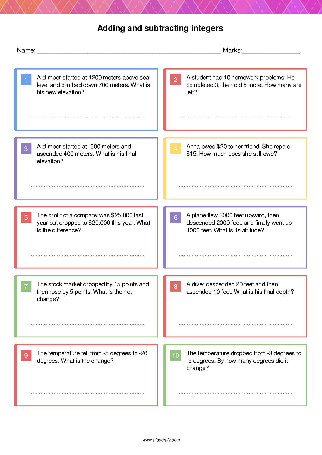 Adding and subtracting integers Worksheet 2