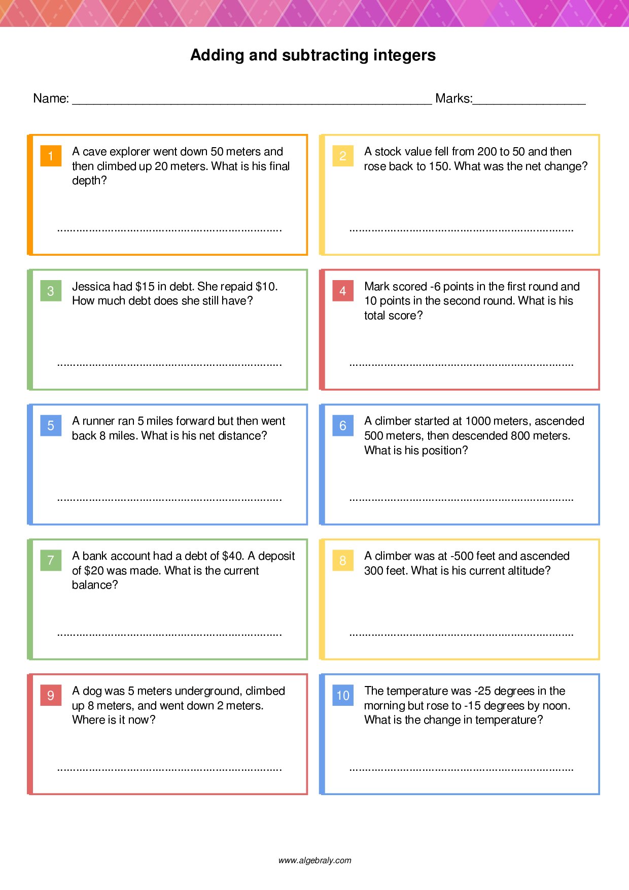 Adding and subtracting integers Worksheet 3