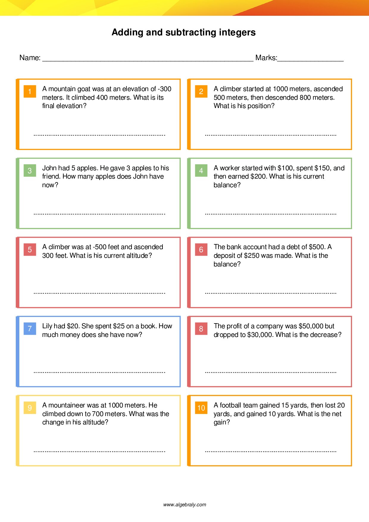 Adding and subtracting integers Worksheet 4