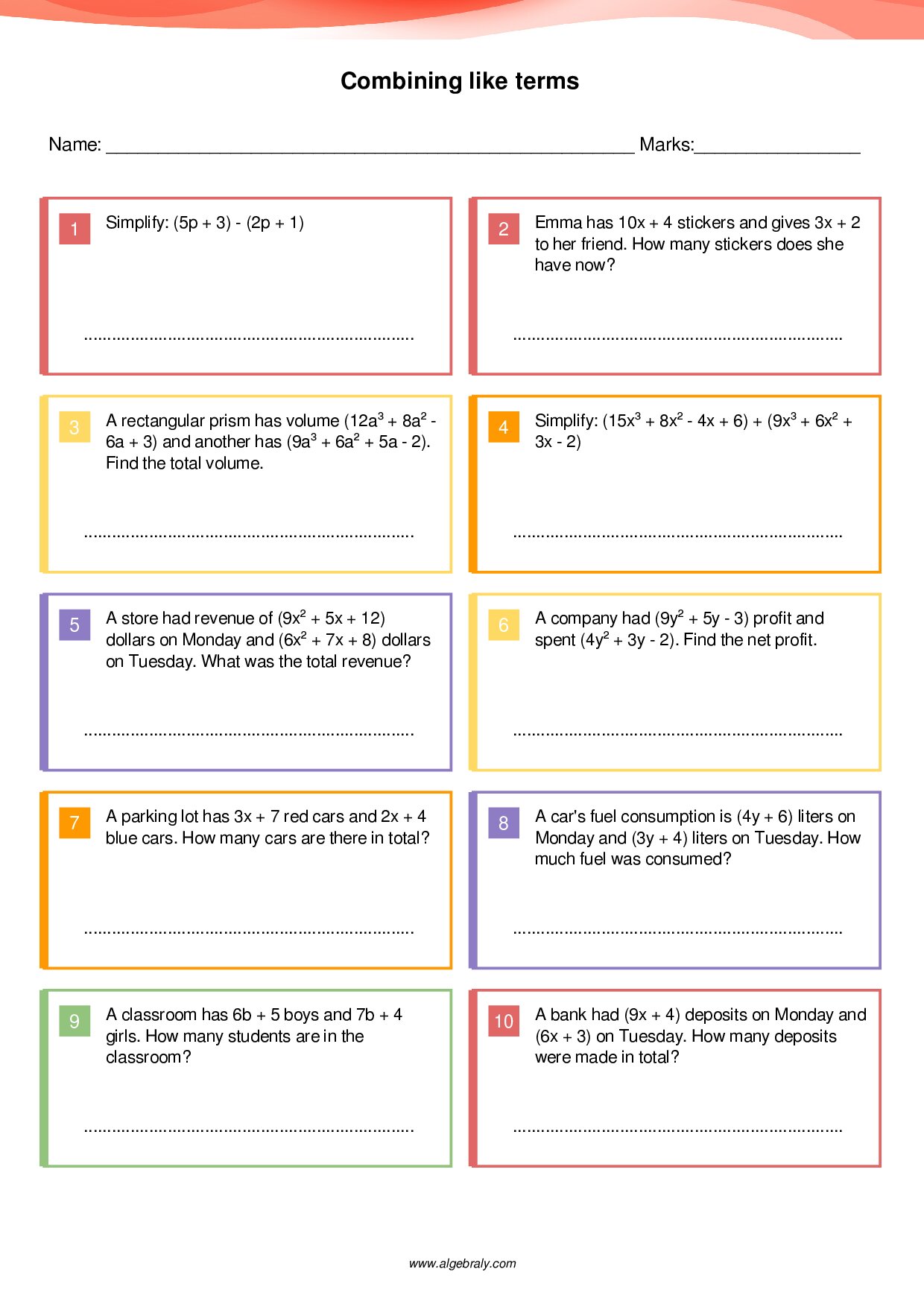 Combining like terms Worksheet 1