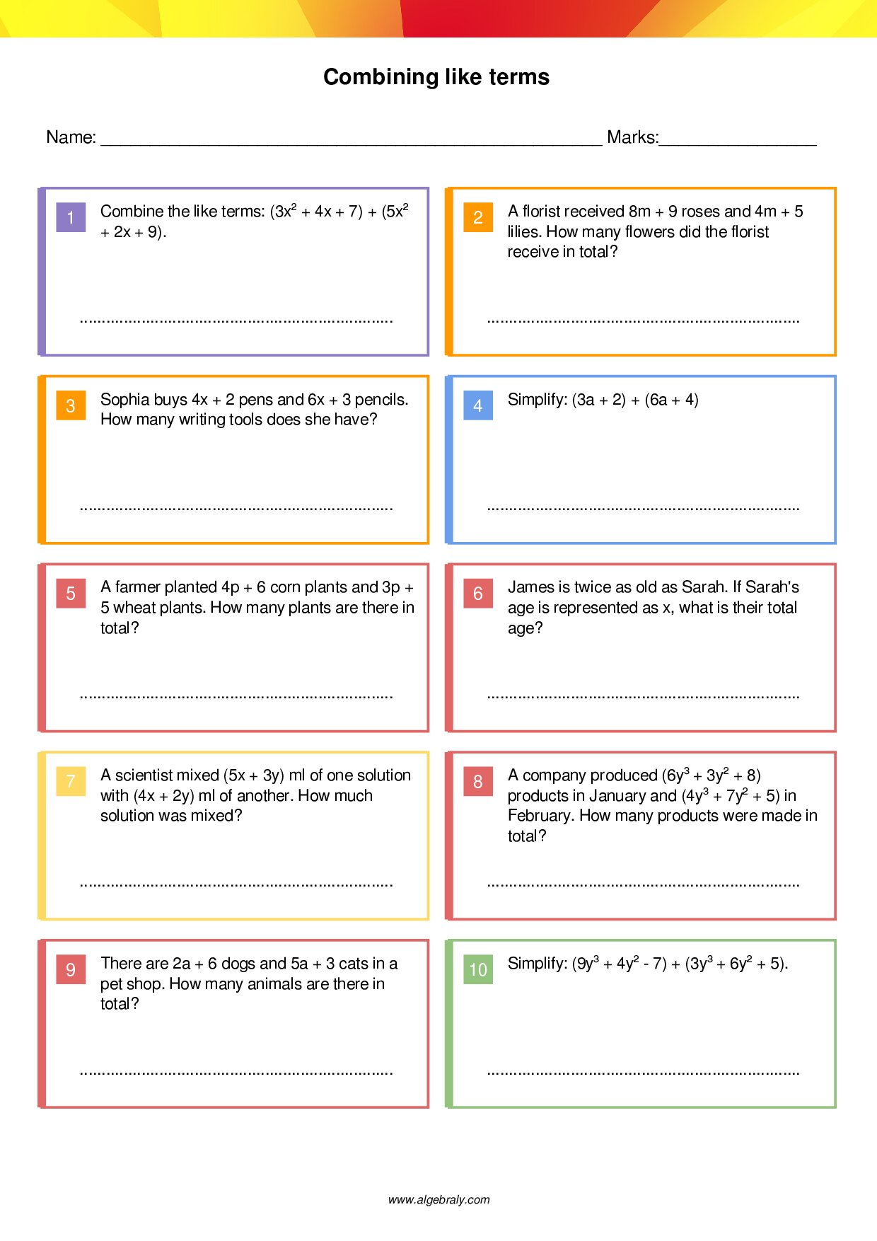 Combining like terms Worksheet 2
