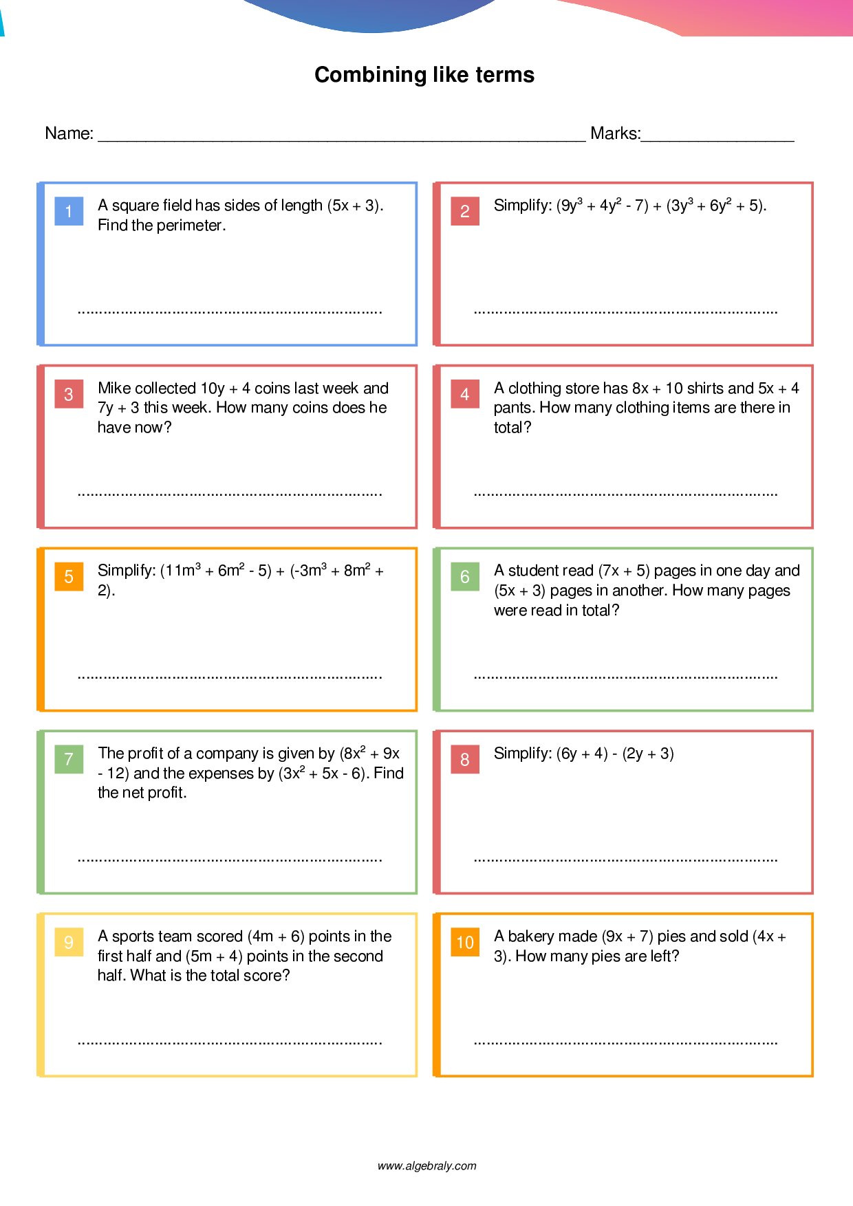 Combining like terms Worksheet 3