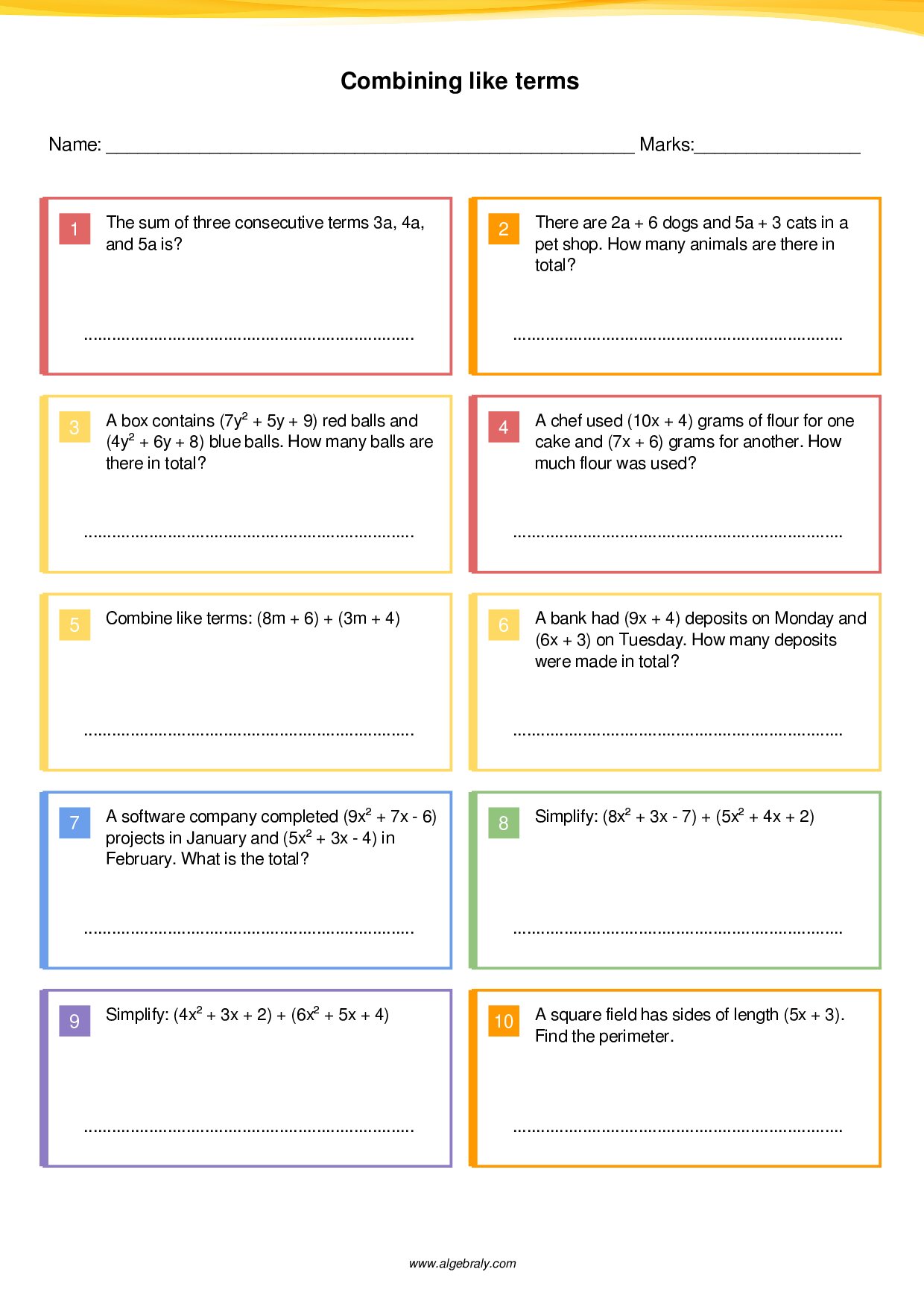 Combining like terms Worksheet 4