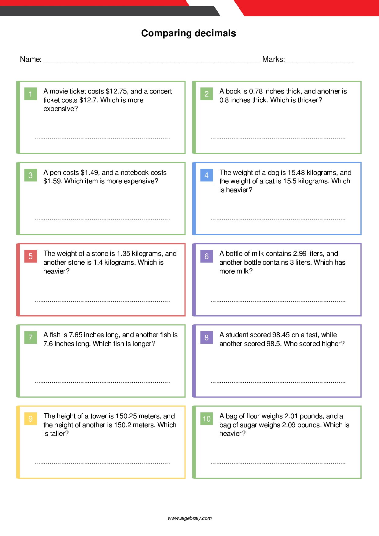 Comparing decimals Worksheet 1