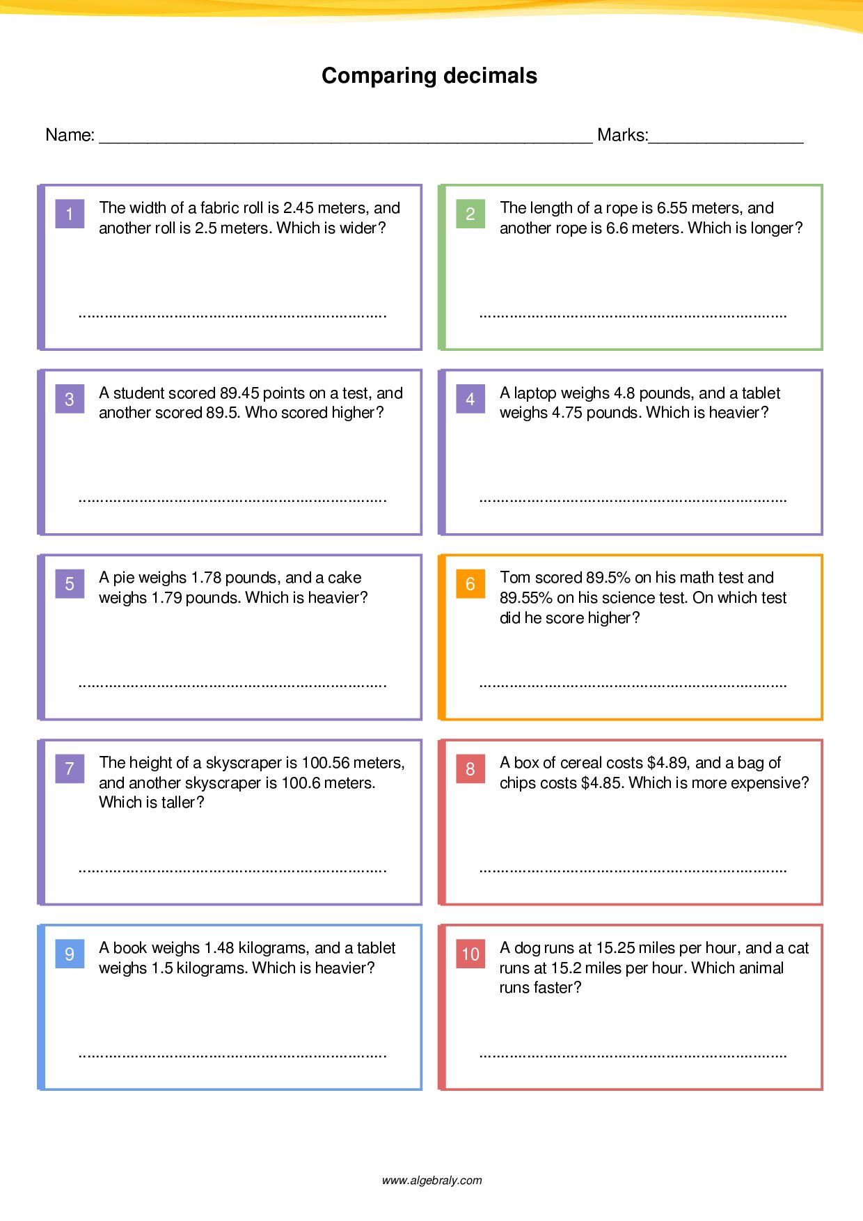 Comparing decimals Worksheet 2