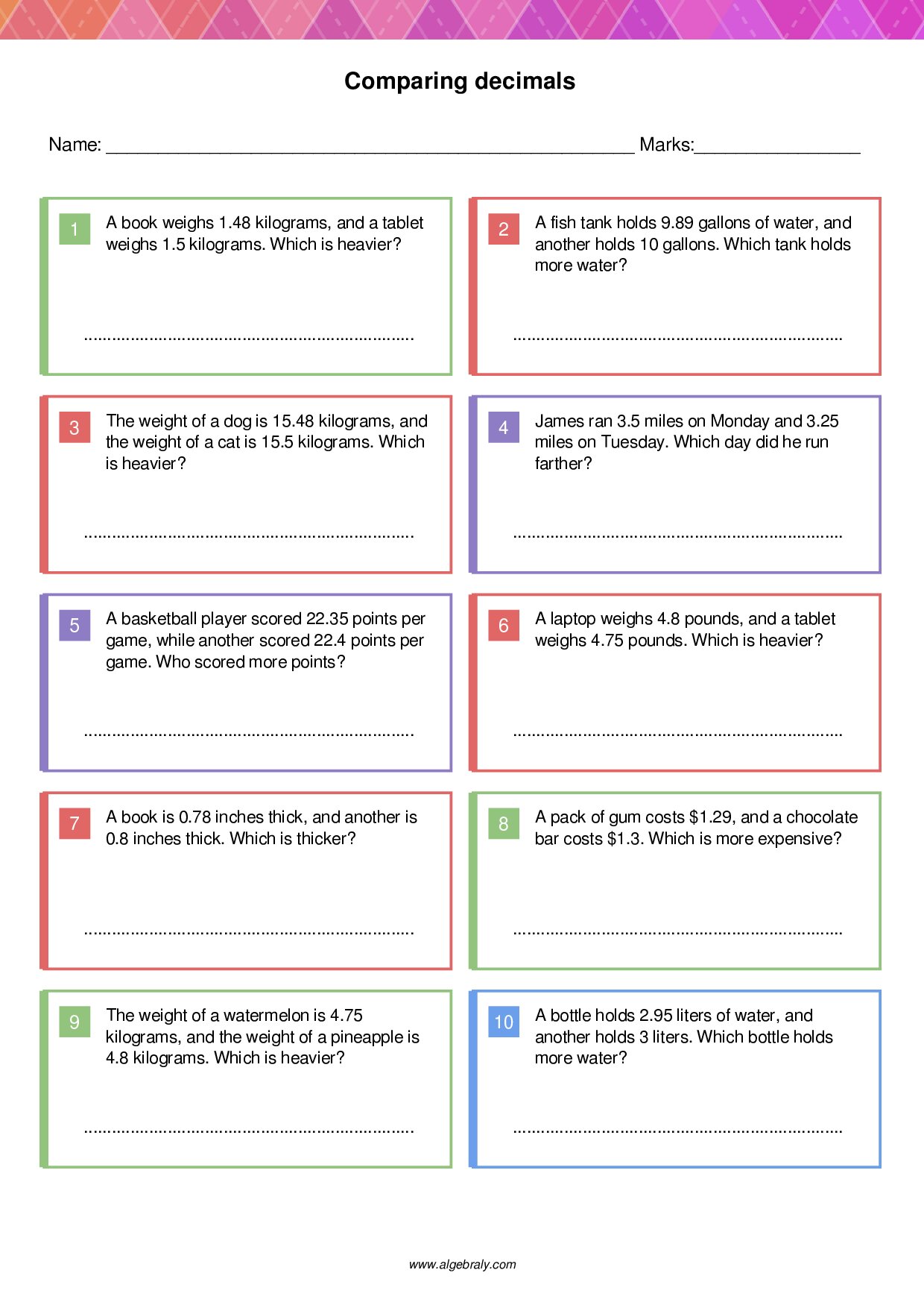 Comparing decimals Worksheet 3