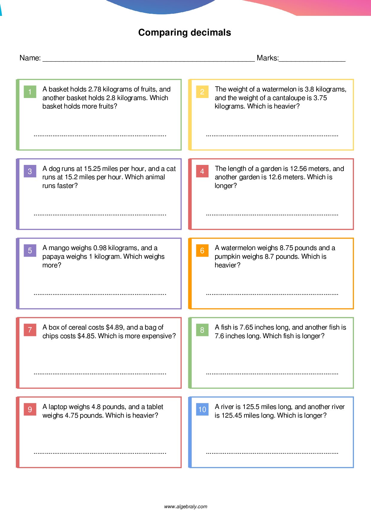 Comparing decimals Worksheet 4