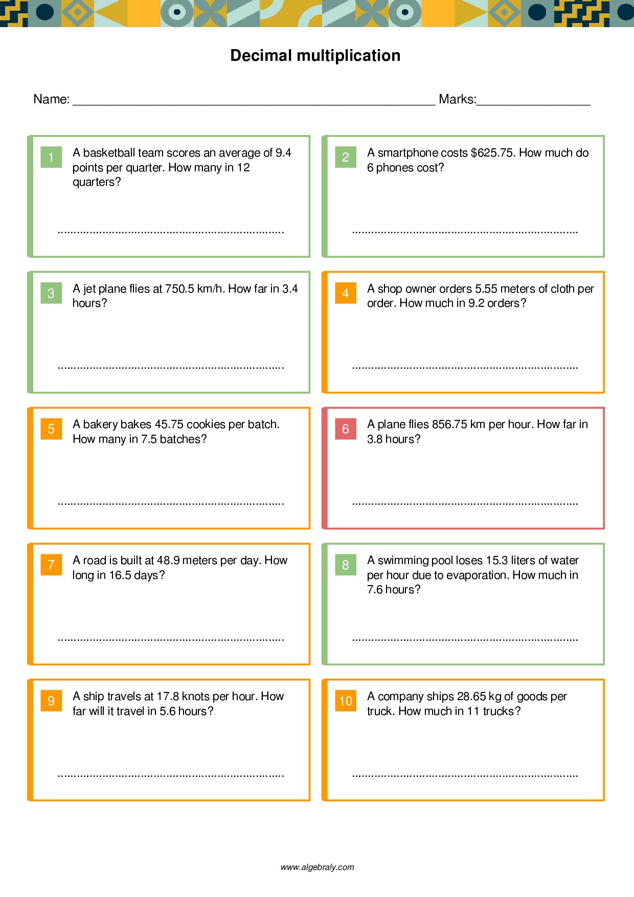 Decimal multiplication Worksheet 1