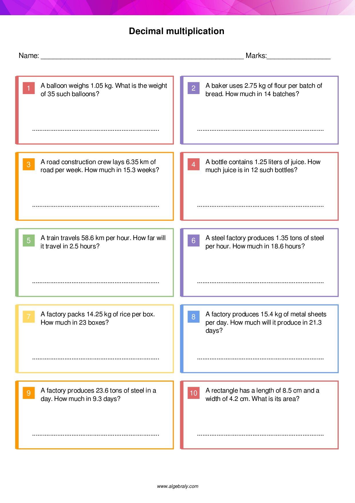 Decimal multiplication Worksheet 3