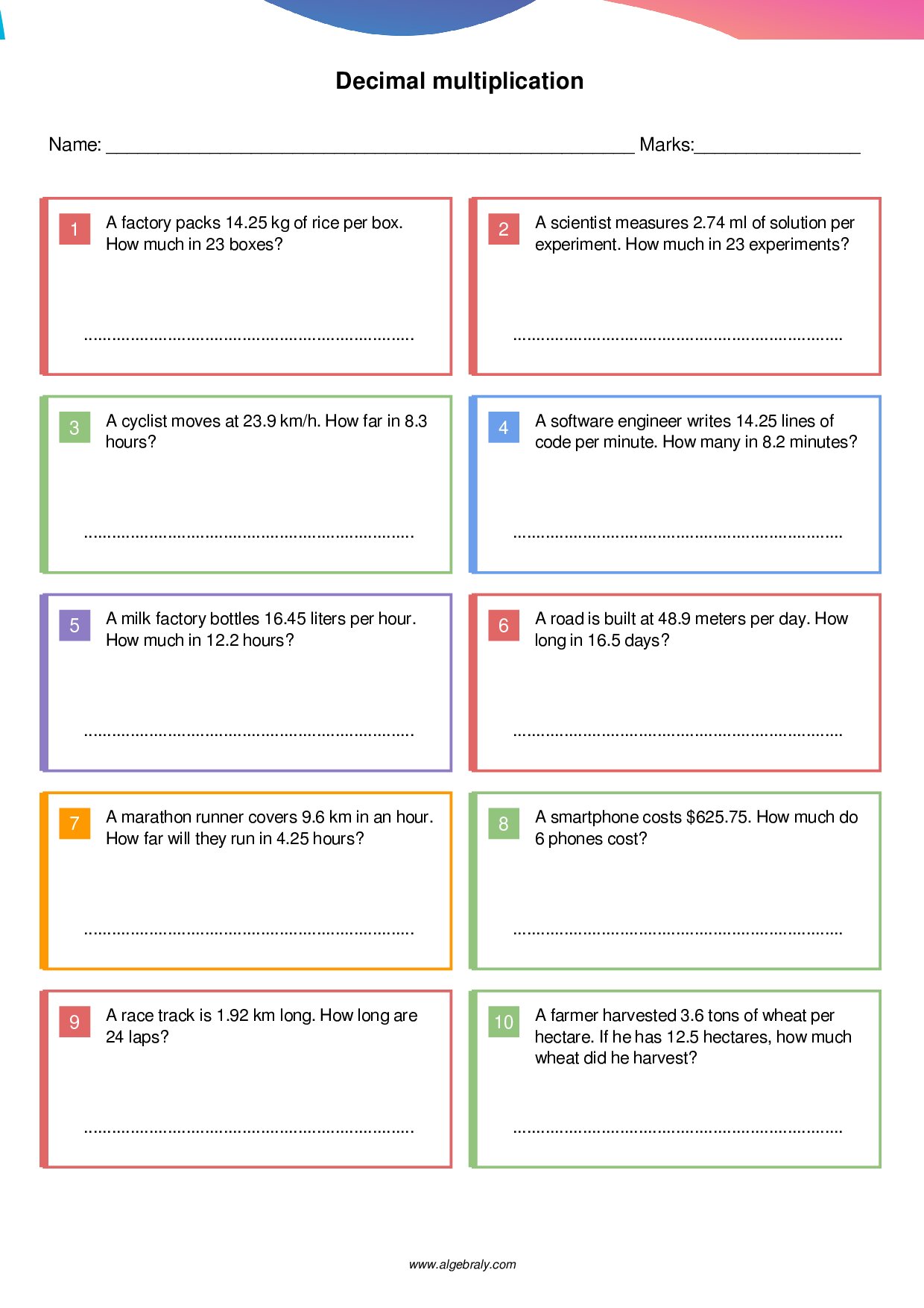 Decimal multiplication Worksheet 4
