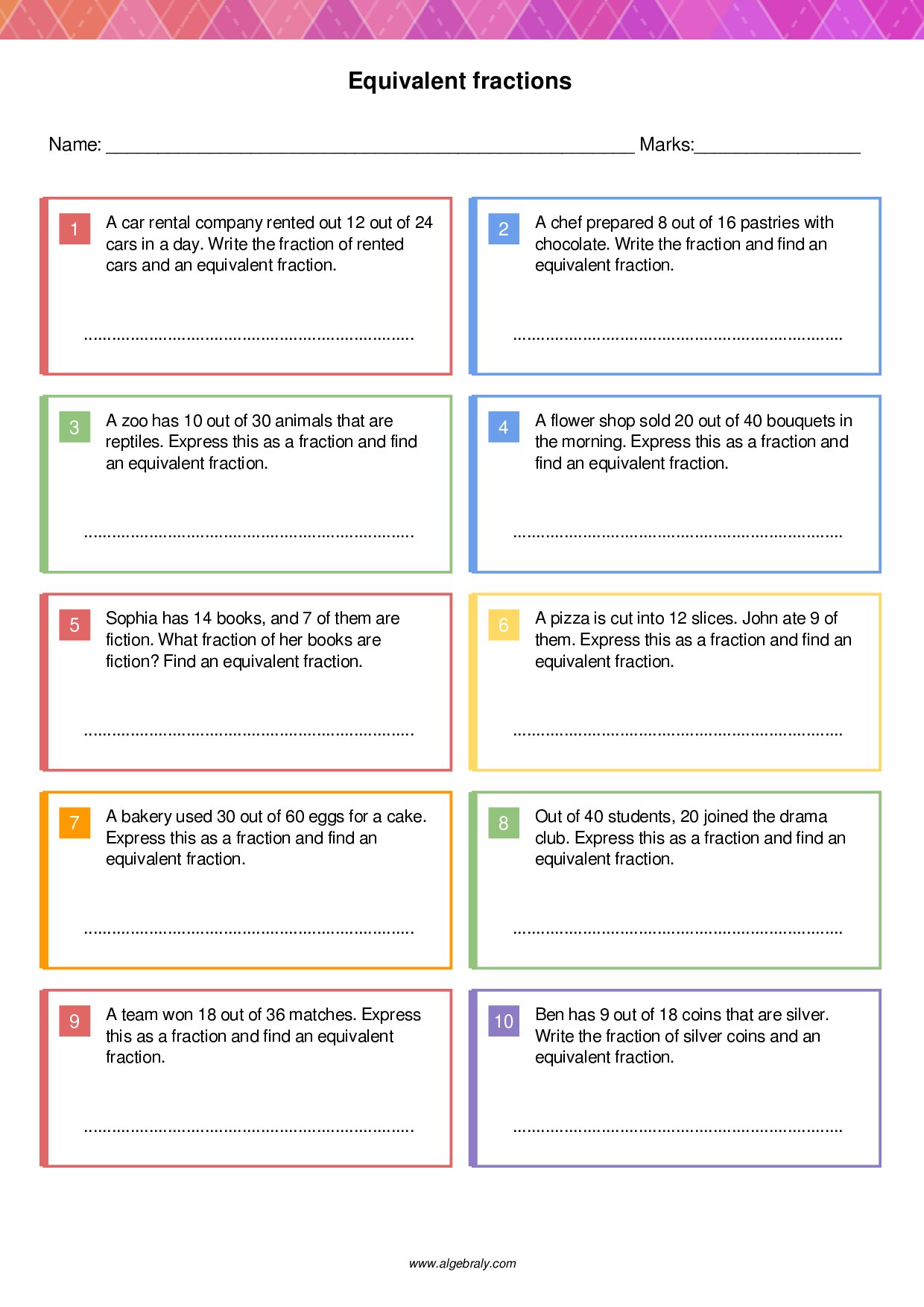 Equivalent fractions Worksheet 1