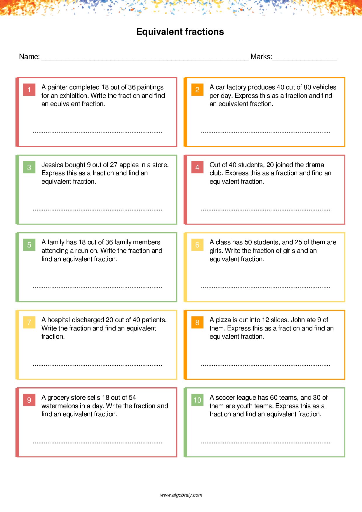 Equivalent fractions Worksheet 2