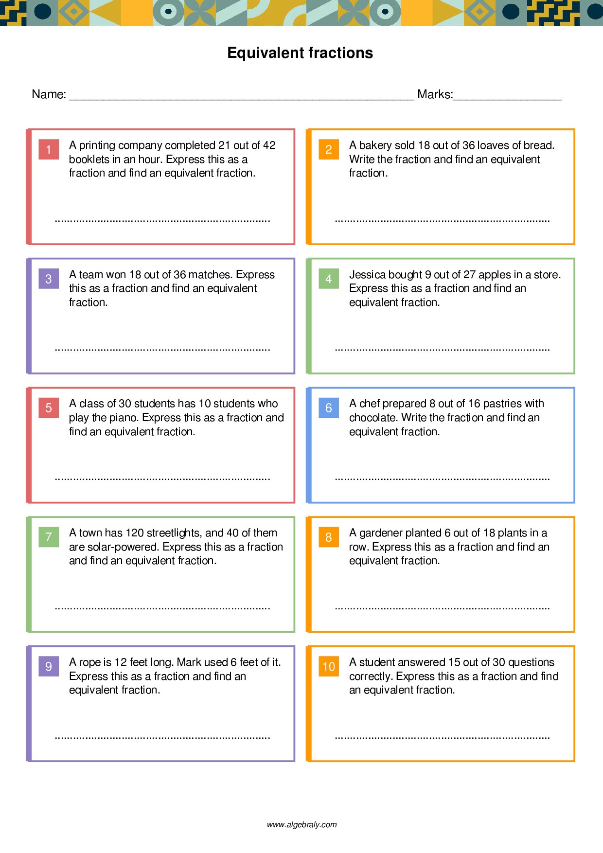 Equivalent fractions Worksheet 3