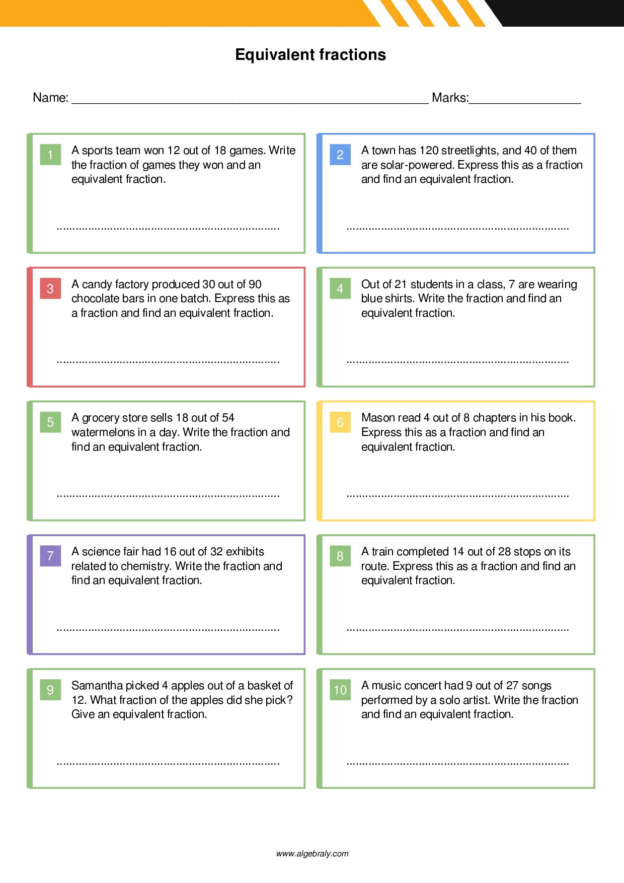 Equivalent fractions Worksheet 4