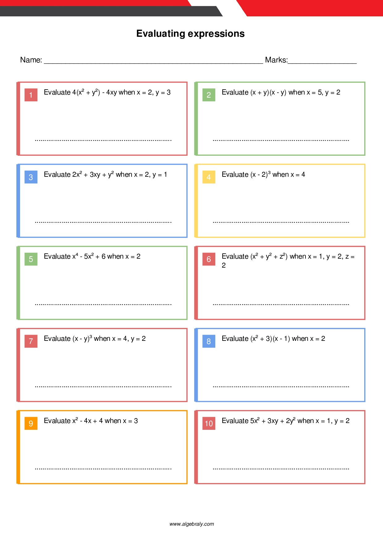 Evaluating expressions Worksheet 1