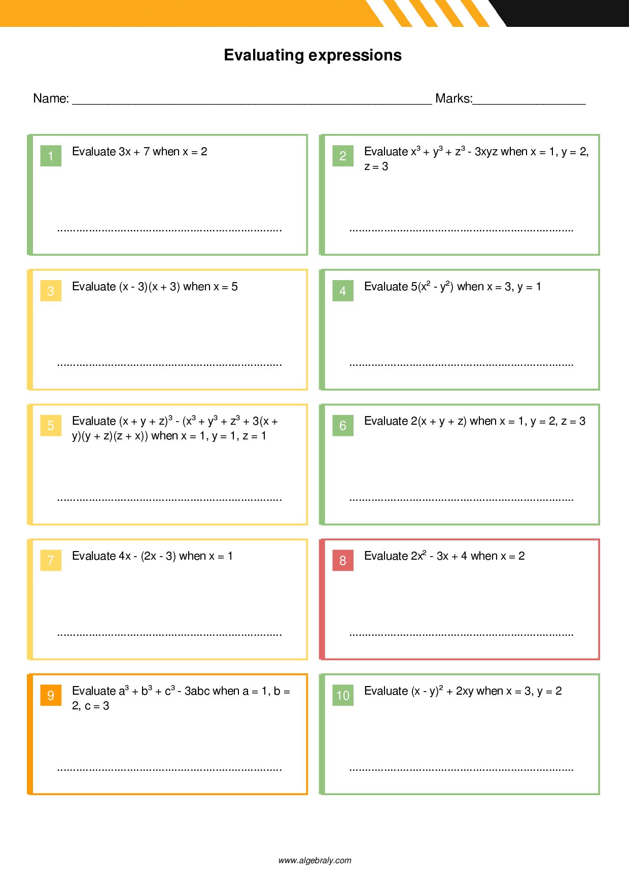 Evaluating expressions Worksheet 2