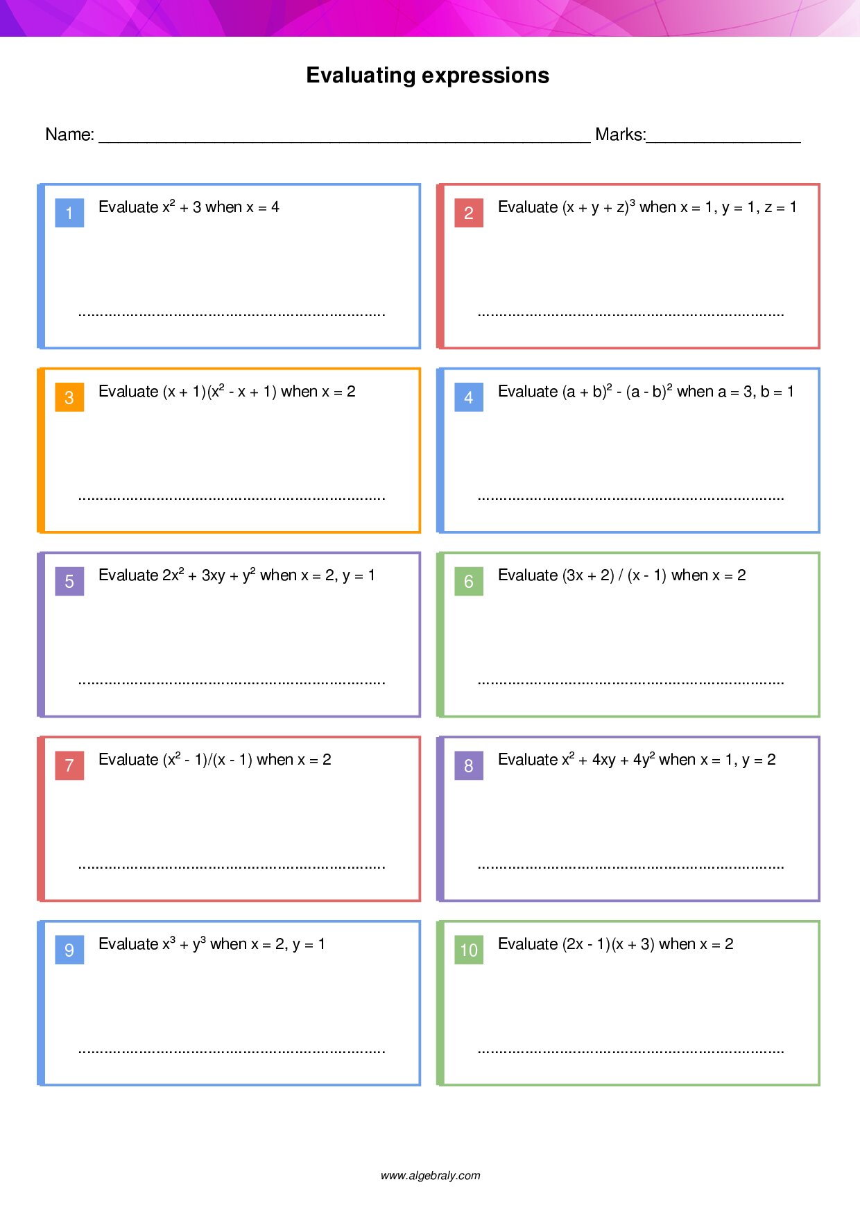Evaluating expressions Worksheet 3