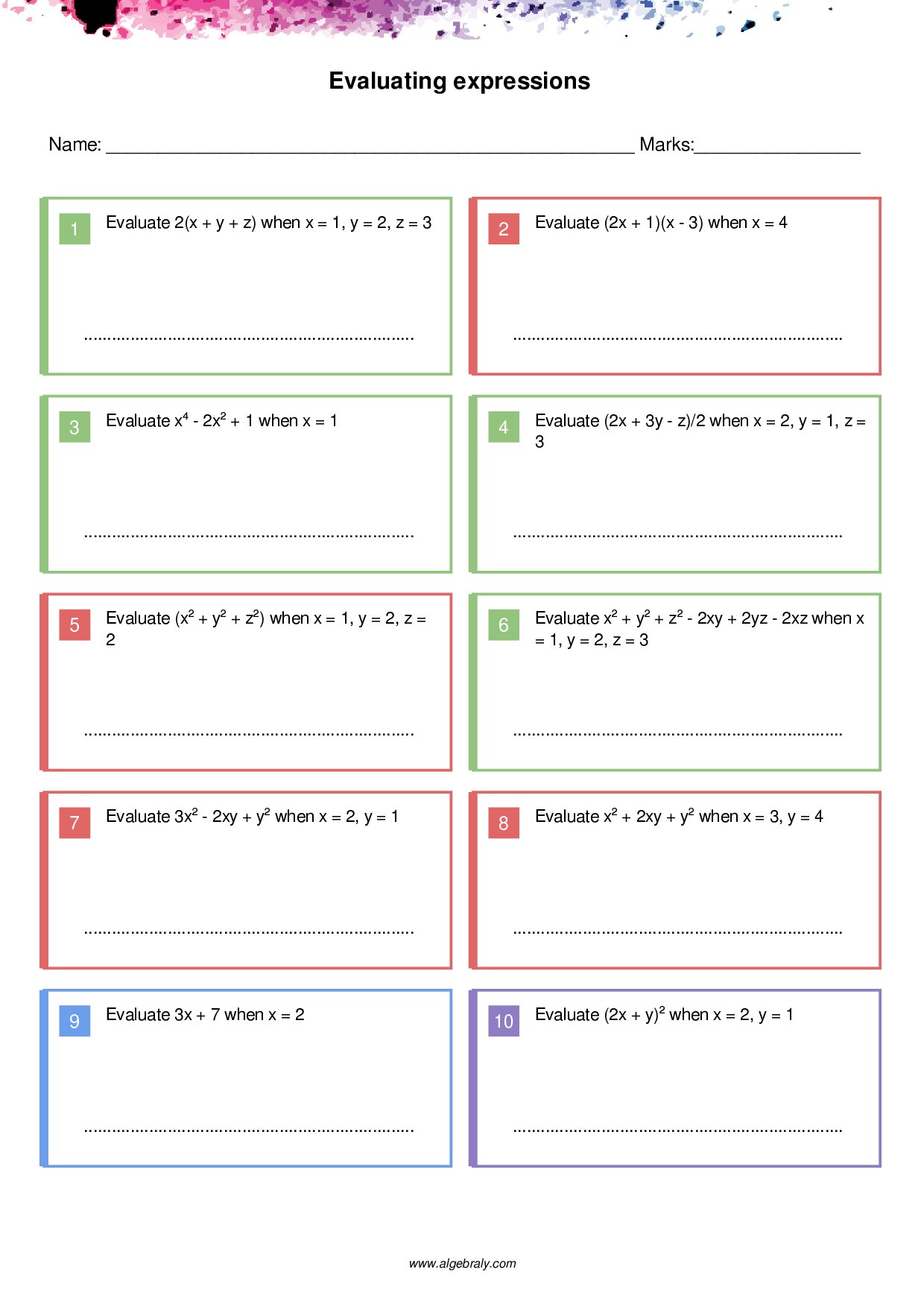 Evaluating expressions Worksheet 4