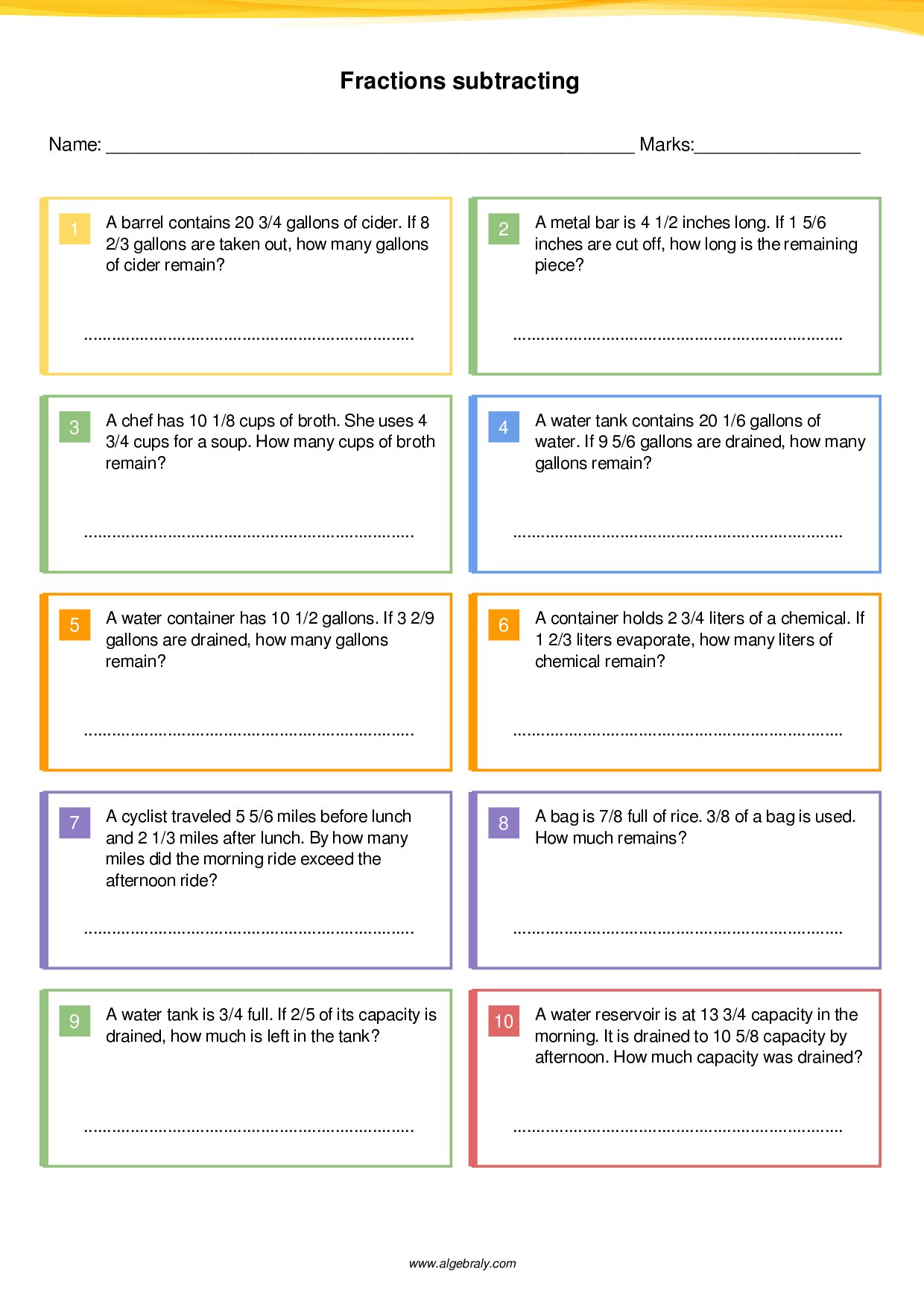 Fractions subtracting Worksheet 1