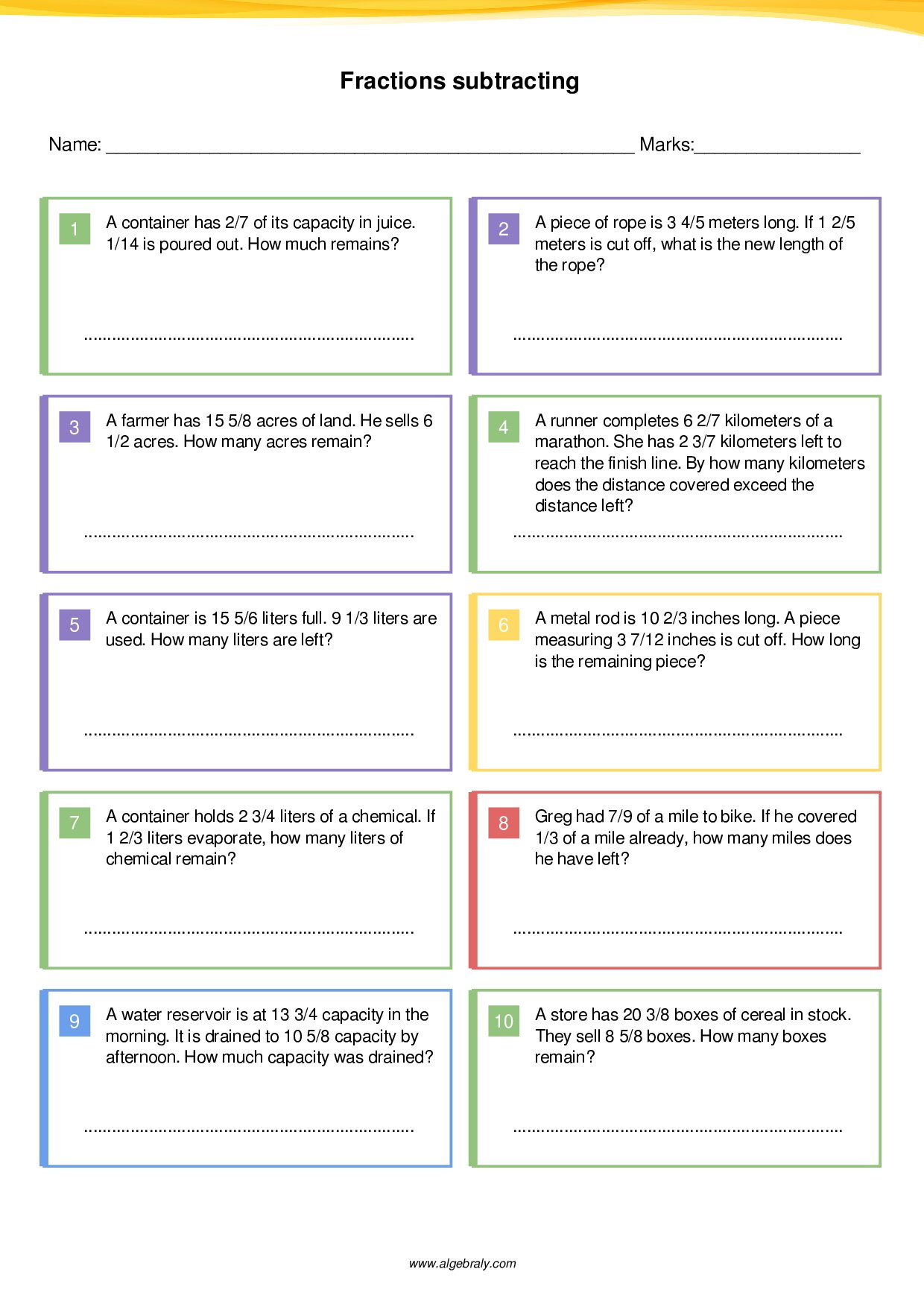 Fractions subtracting Worksheet 2