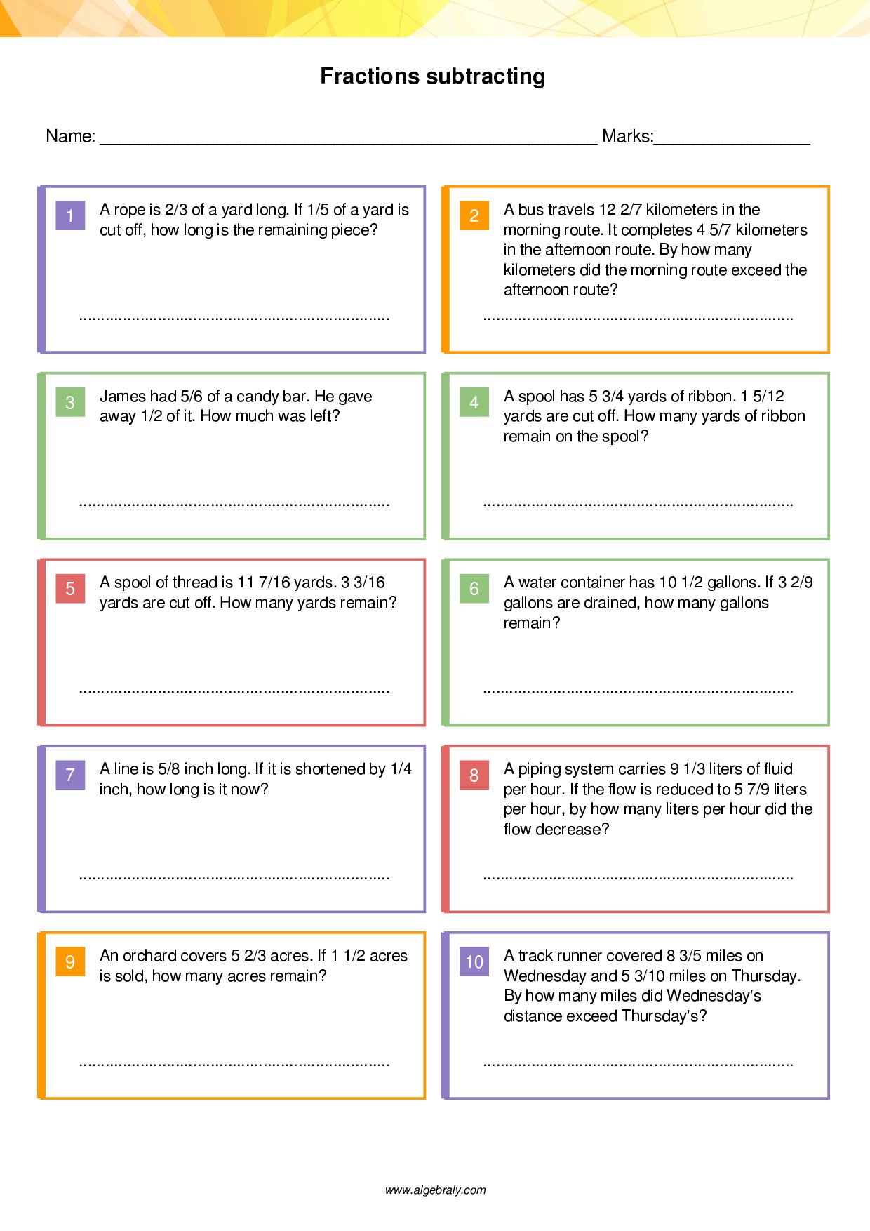 Fractions subtracting Worksheet 3