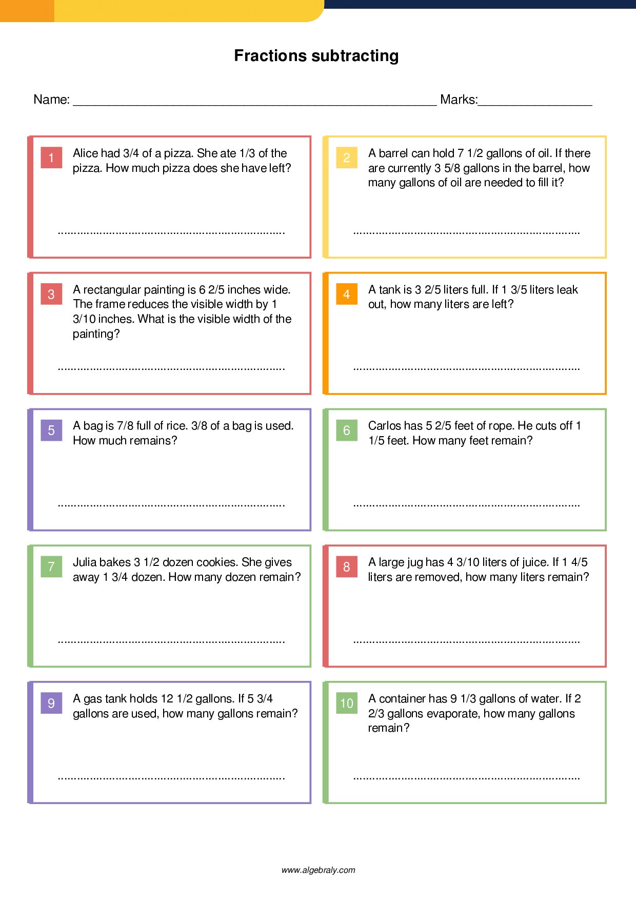 Fractions subtracting Worksheet 4
