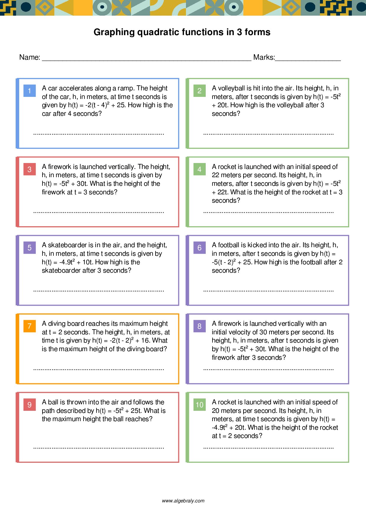 Graphing quadratic functions in 3 forms Worksheet 1
