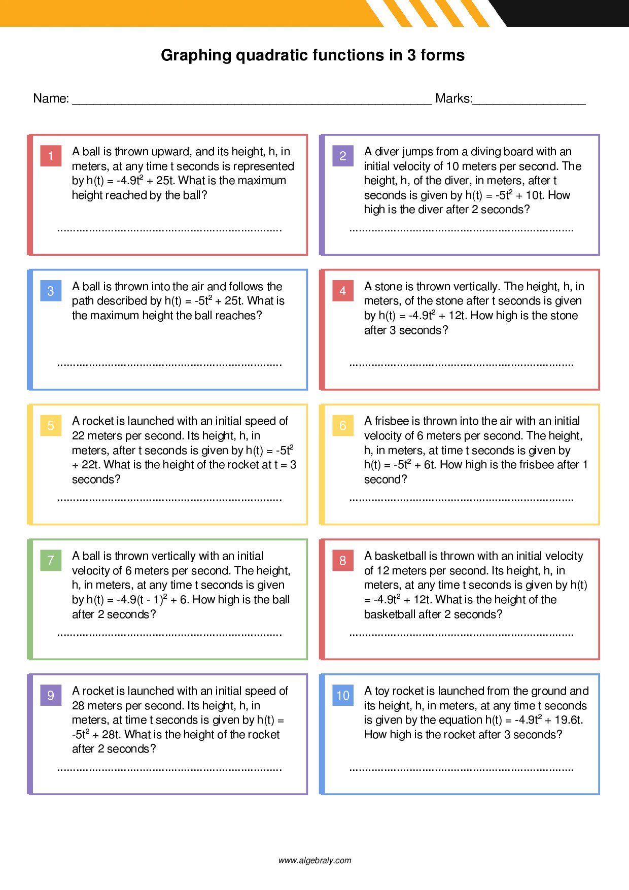 Graphing quadratic functions in 3 forms Worksheet 2