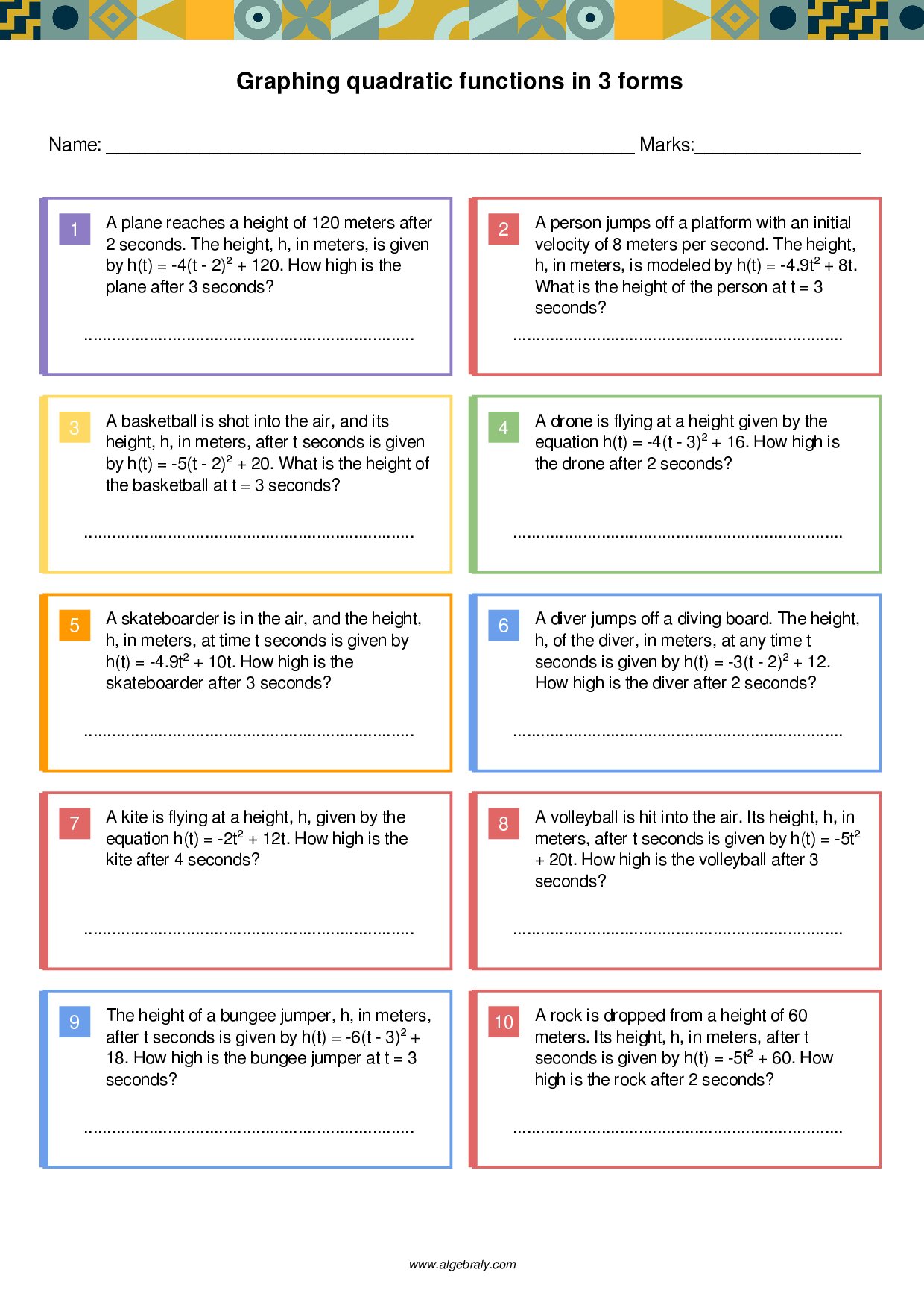 Graphing quadratic functions in 3 forms Worksheet 3