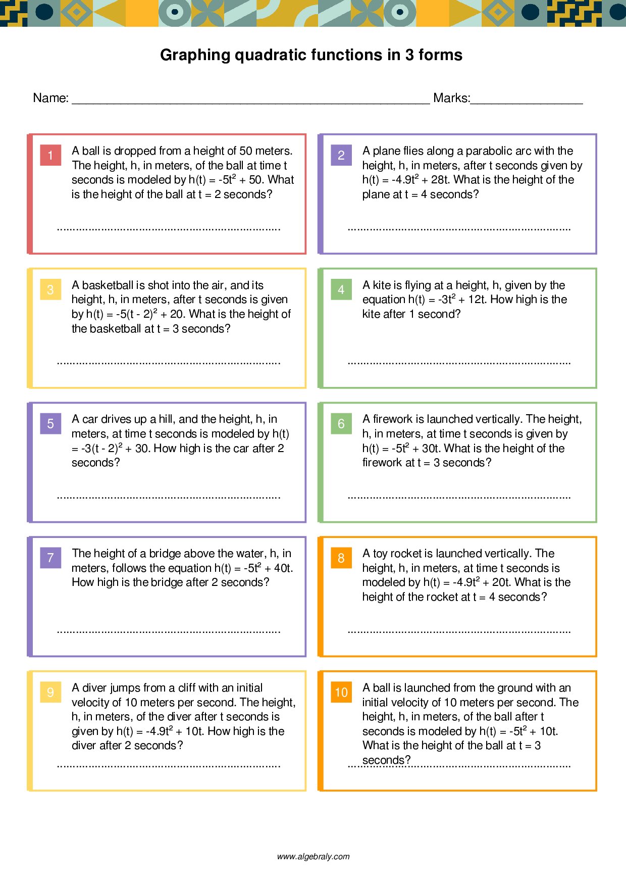 Graphing quadratic functions in 3 forms Worksheet 4