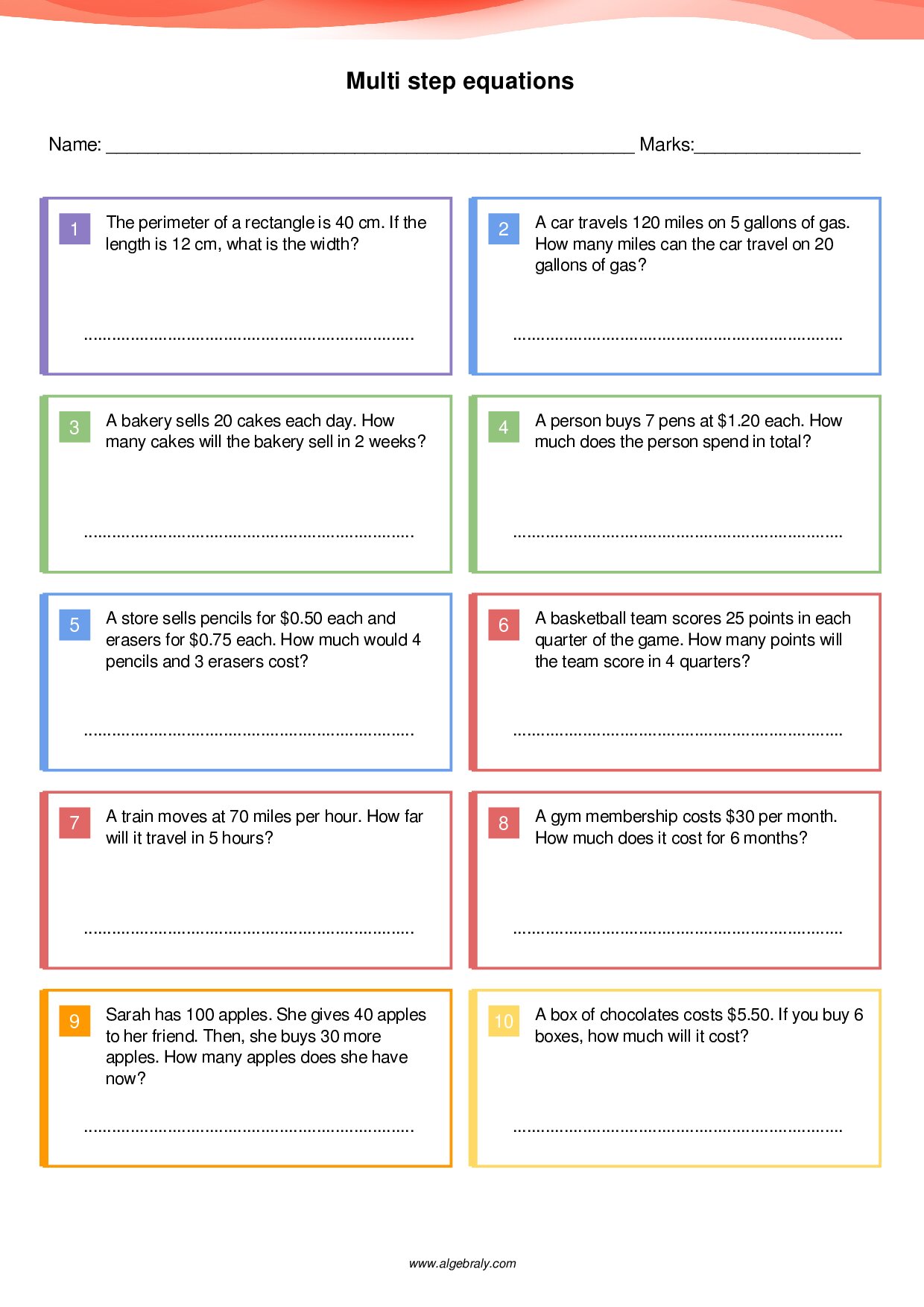 Multi step equations Worksheet 1