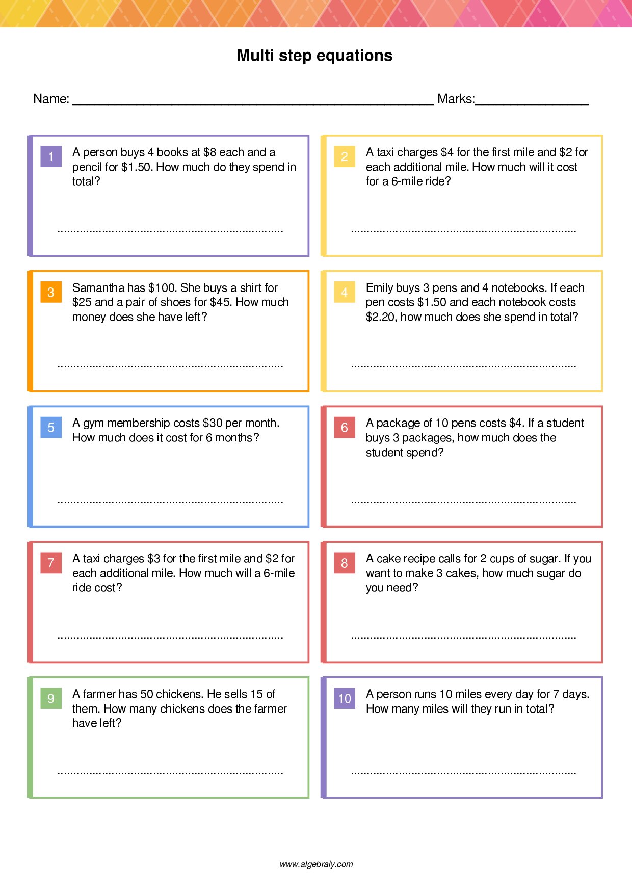 Multi step equations Worksheet 2