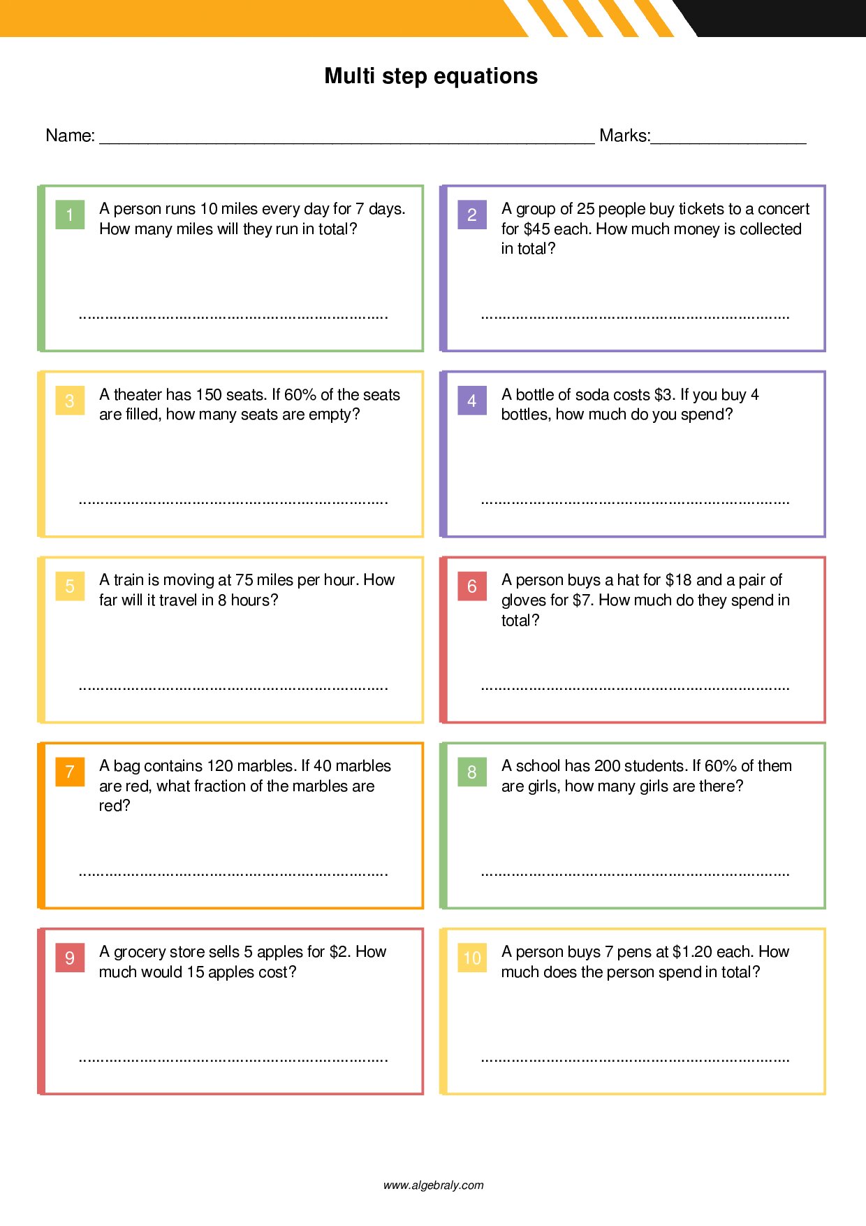 Multi step equations Worksheet 3