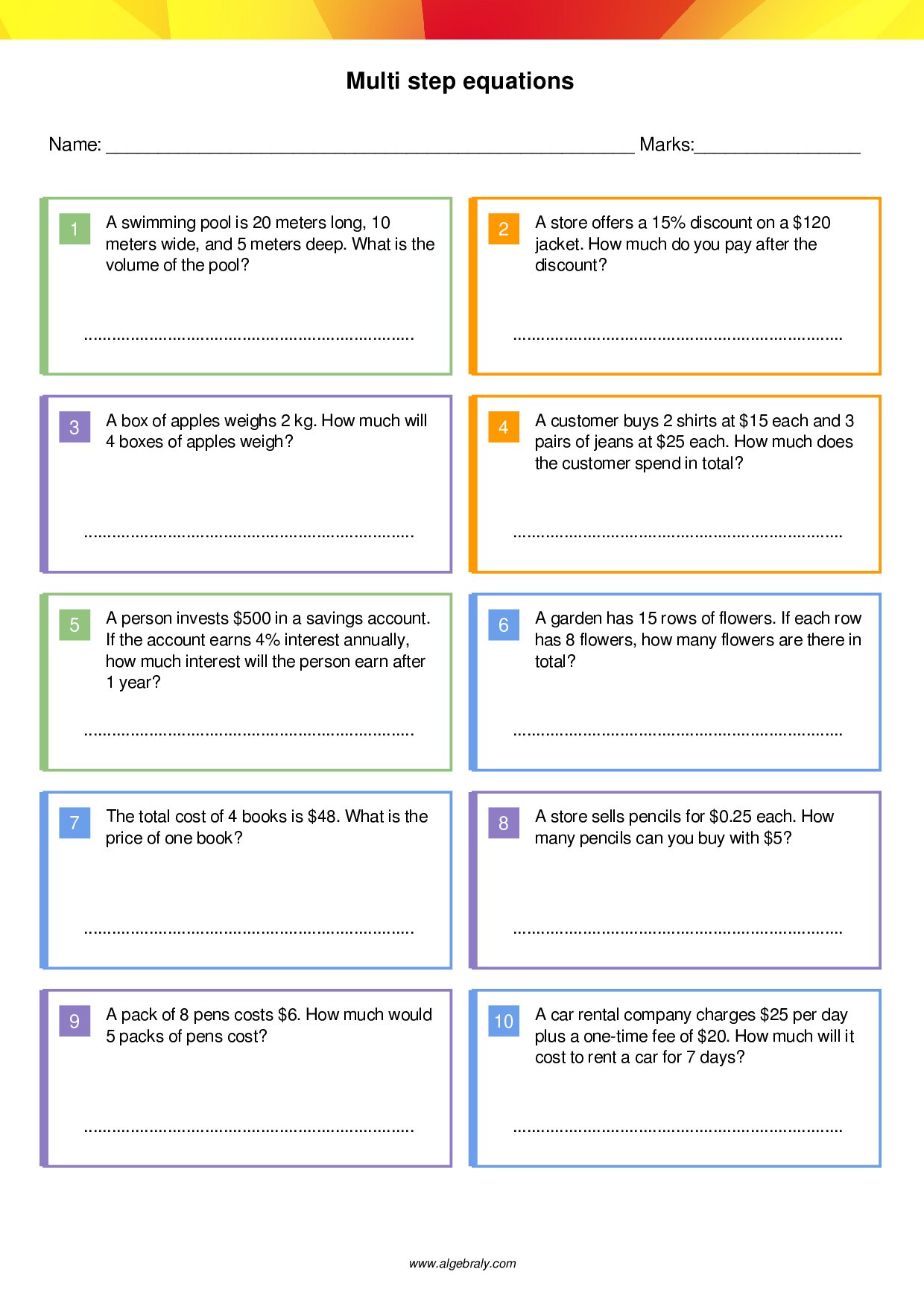Multi step equations Worksheet 4