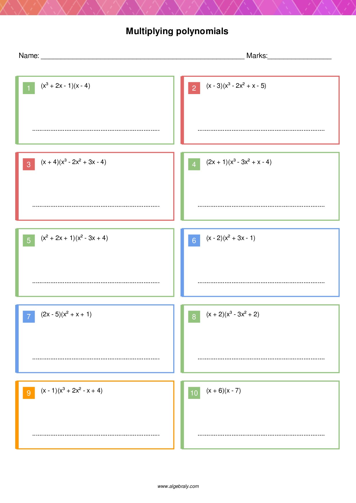 Multiplying polynomials Worksheet 1