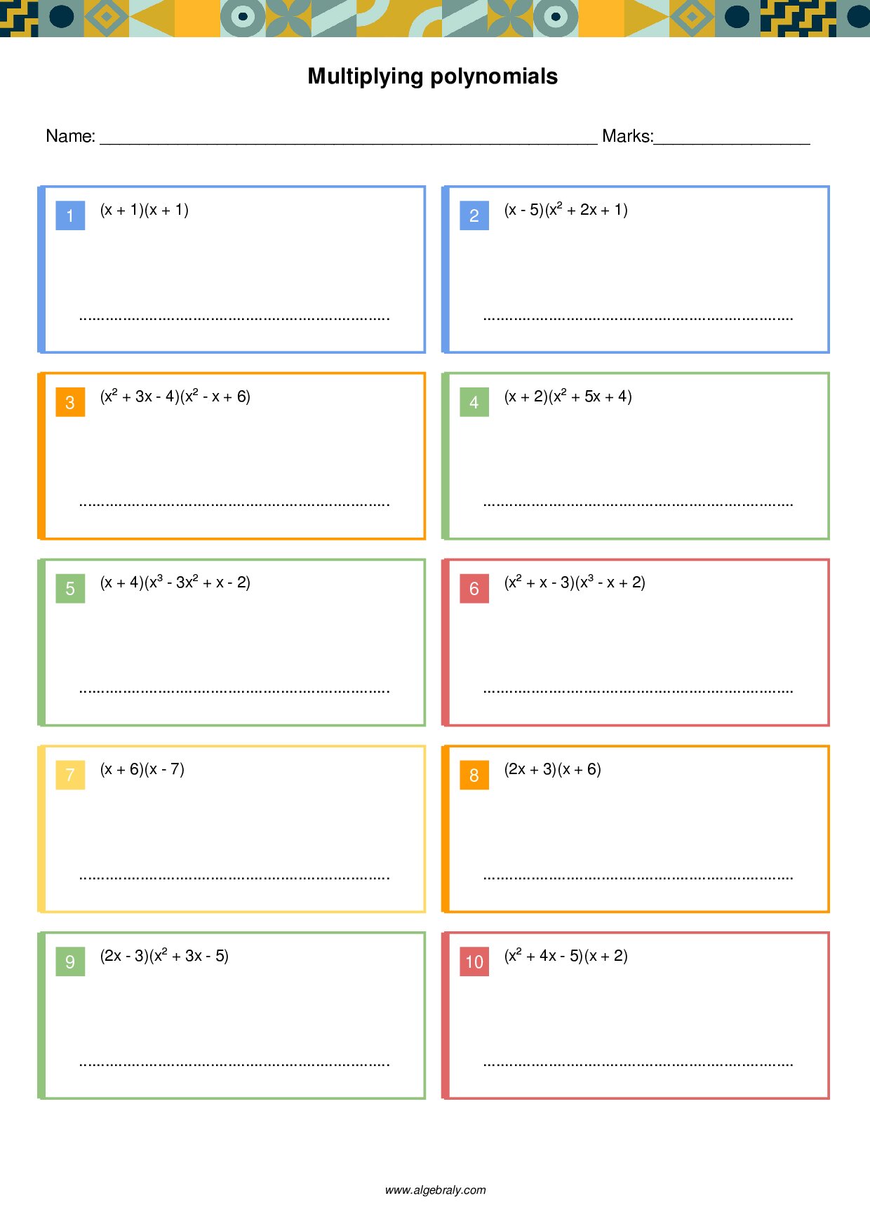 Multiplying polynomials Worksheet 2