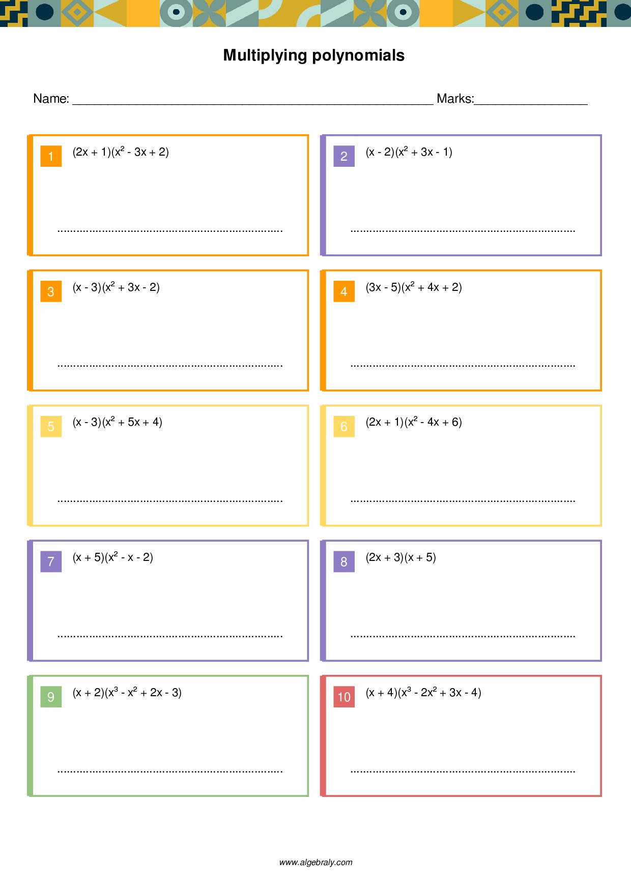 Multiplying polynomials Worksheet 3