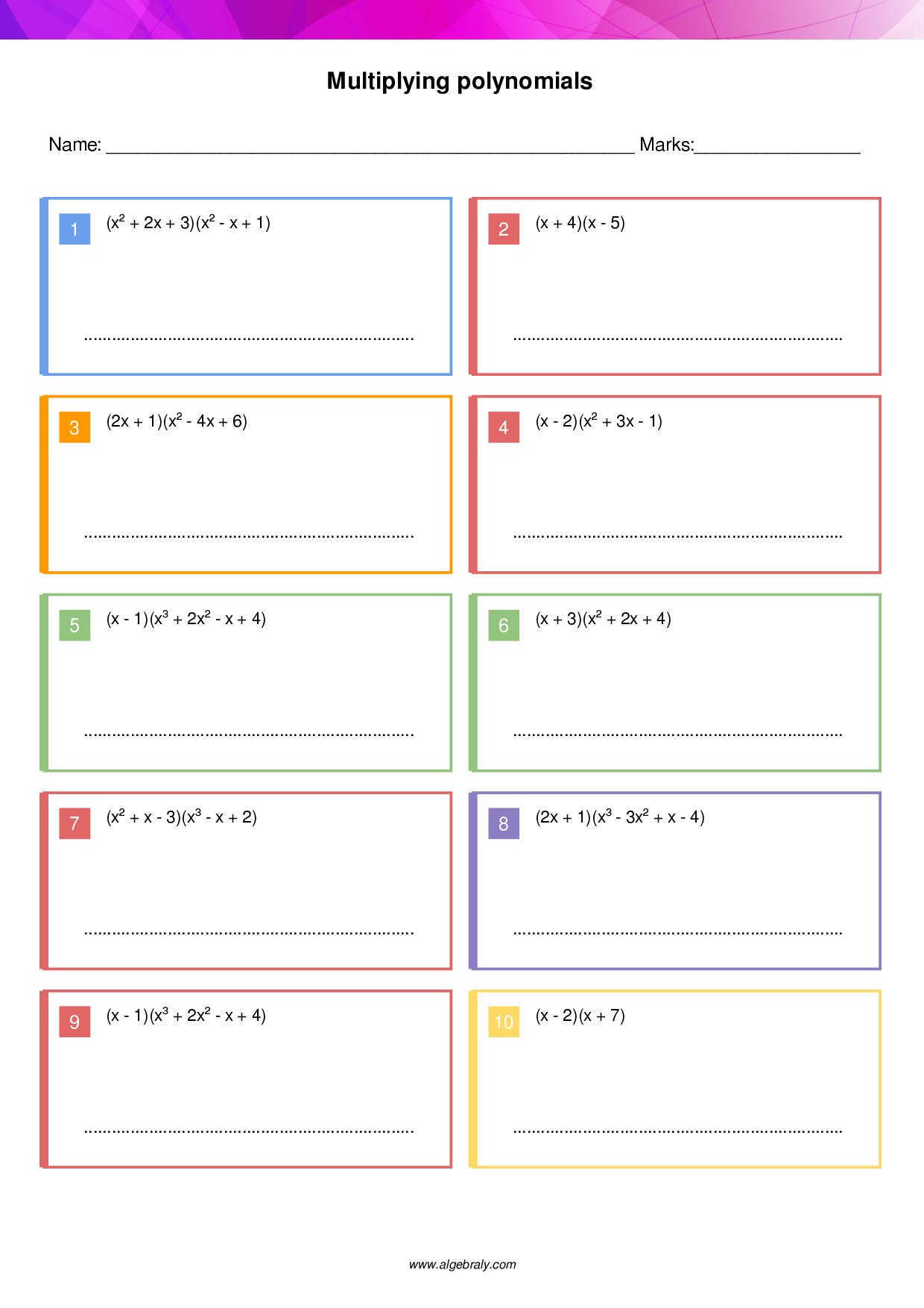 Multiplying polynomials Worksheet 4