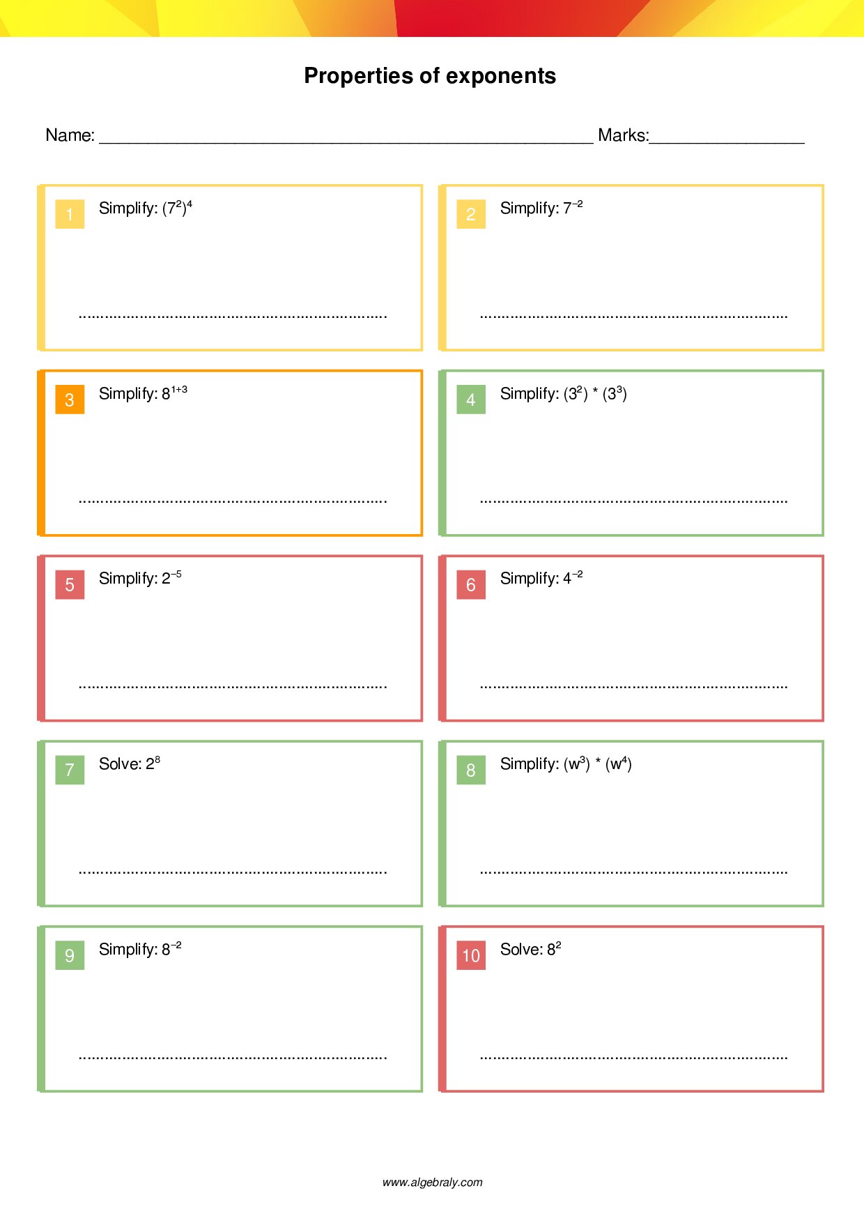 Properties of exponents Worksheet 1