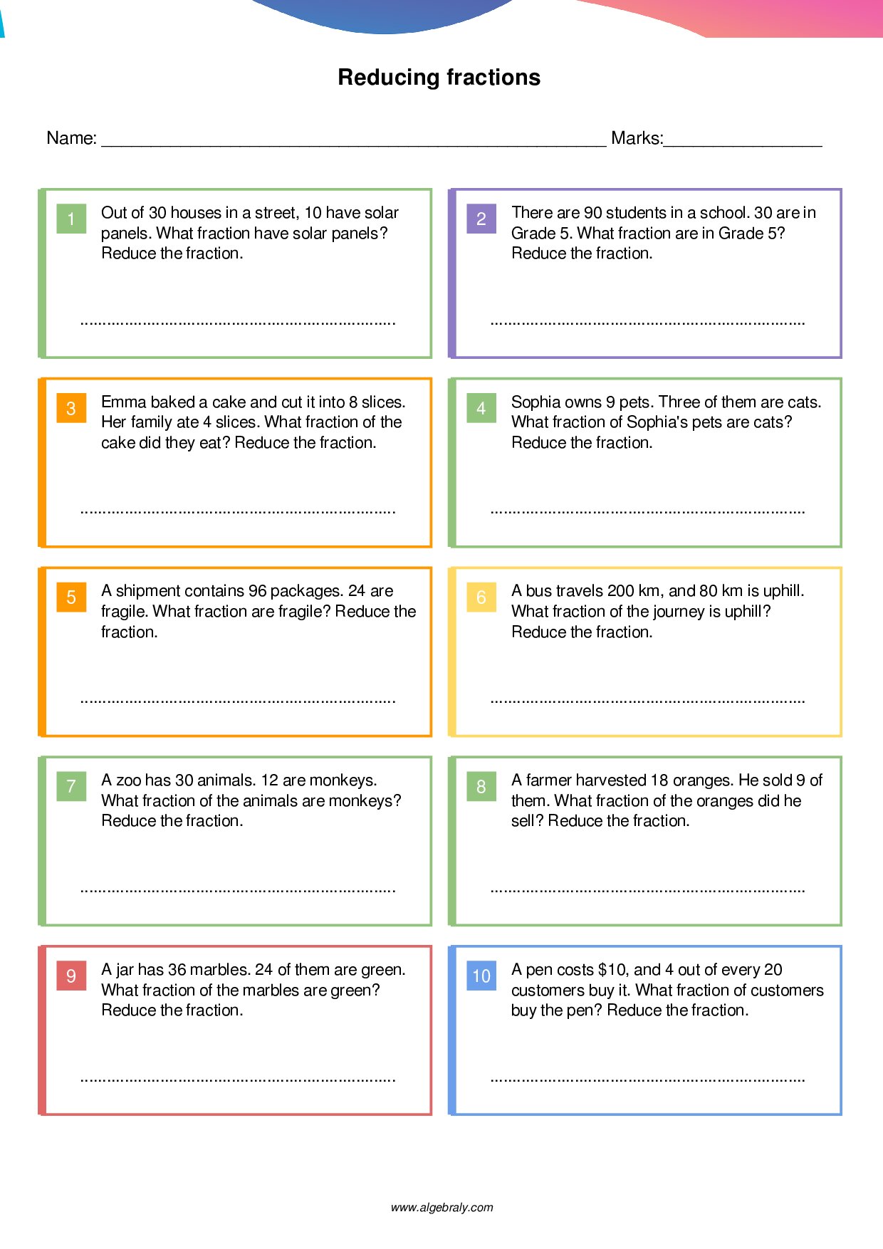 Reducing fractions Worksheet 4