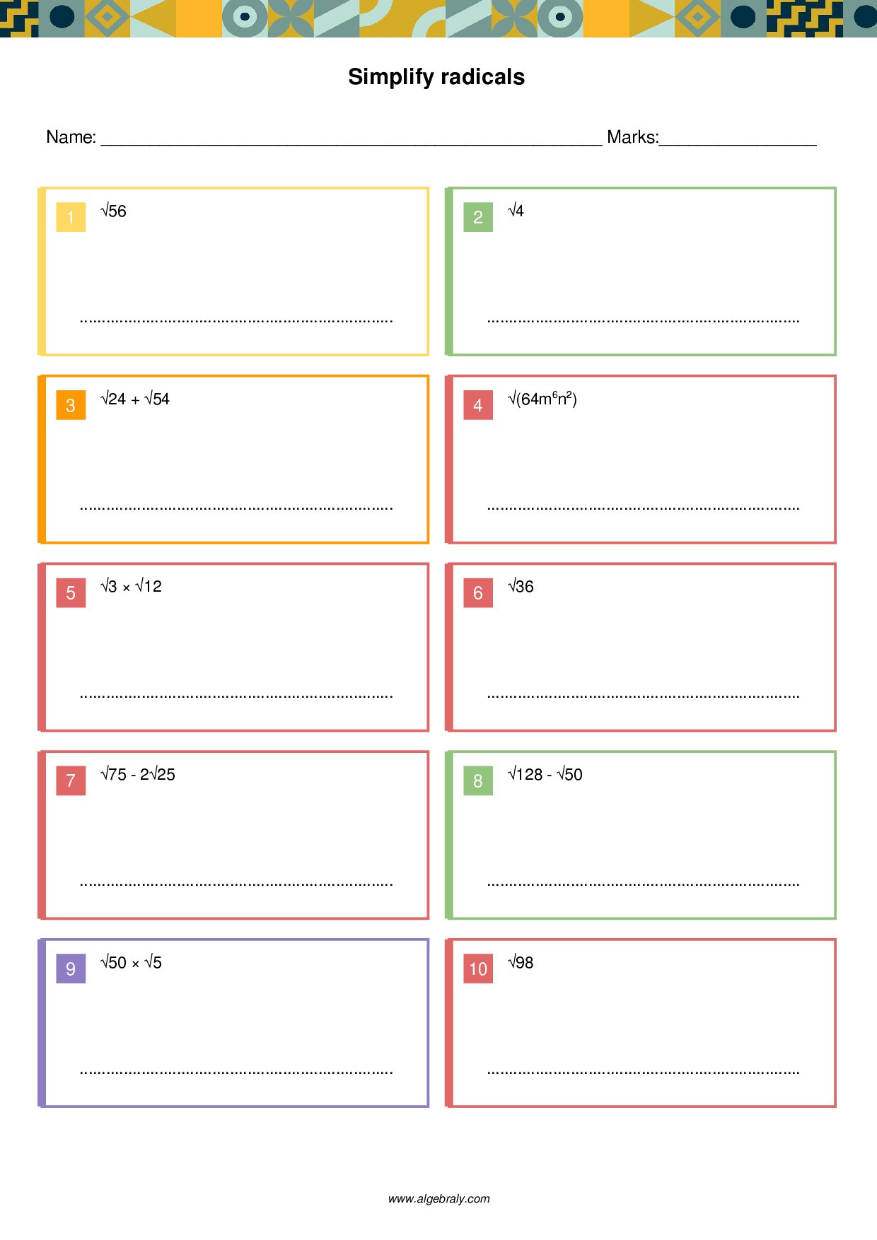 Simplify radicals Worksheet 1