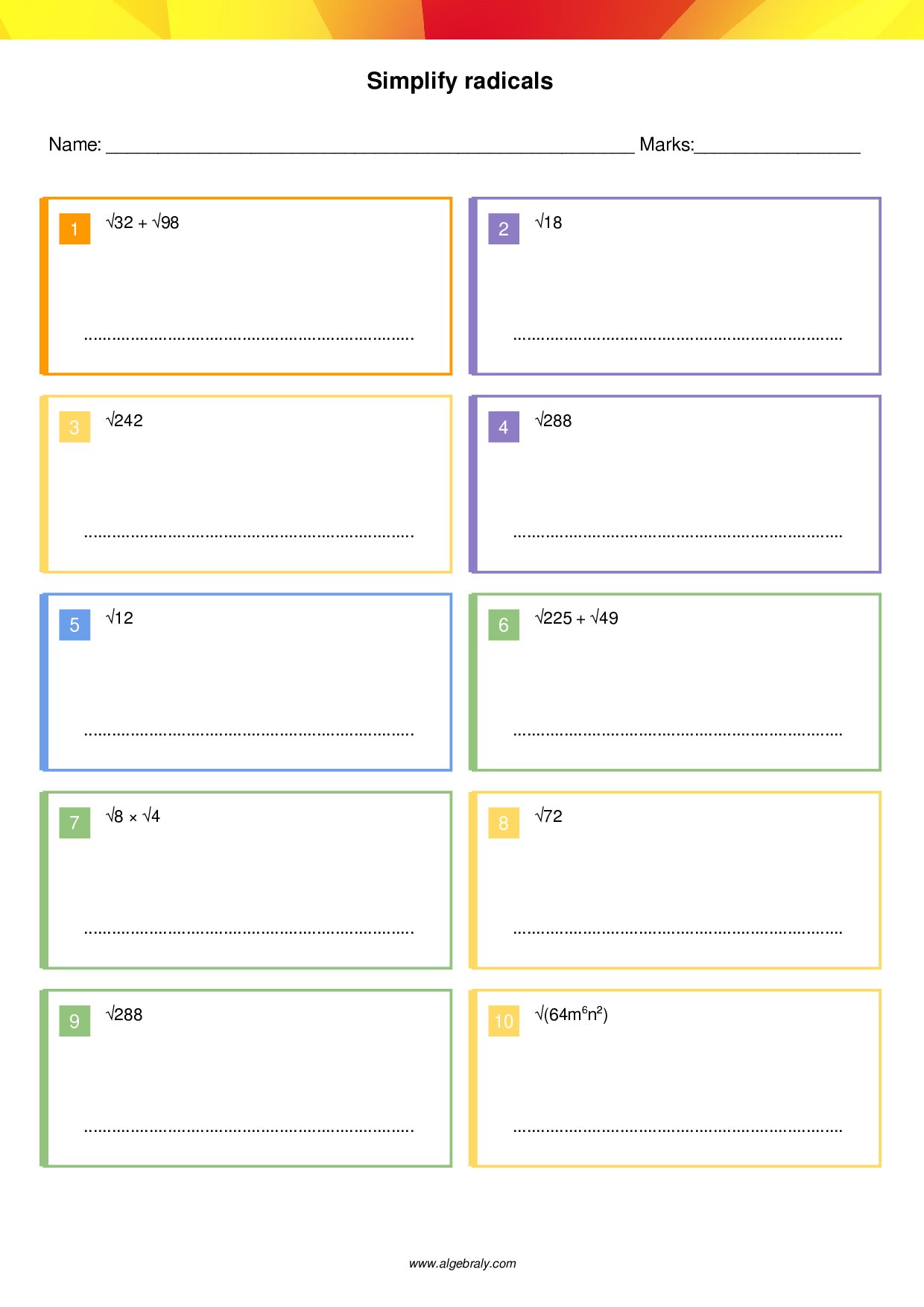 Simplify radicals Worksheet 2
