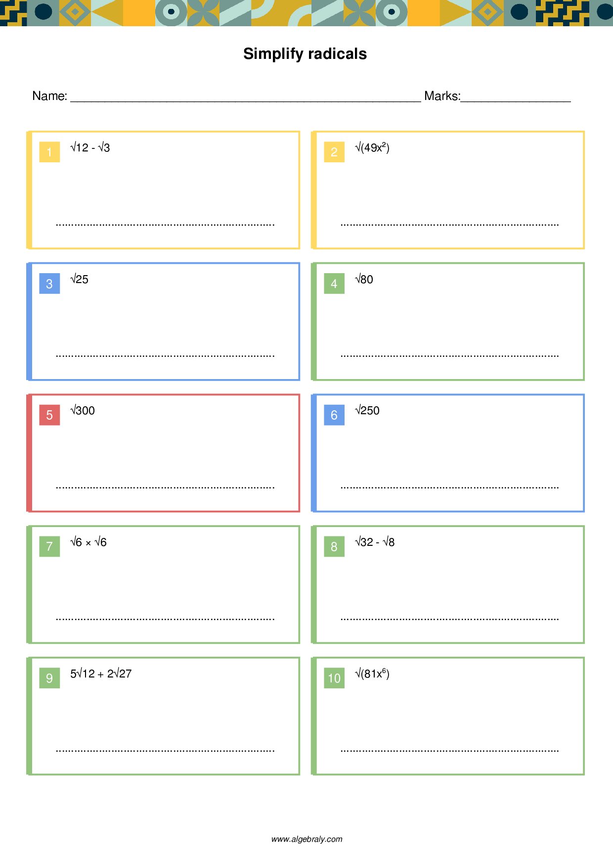 Simplify radicals Worksheet 3