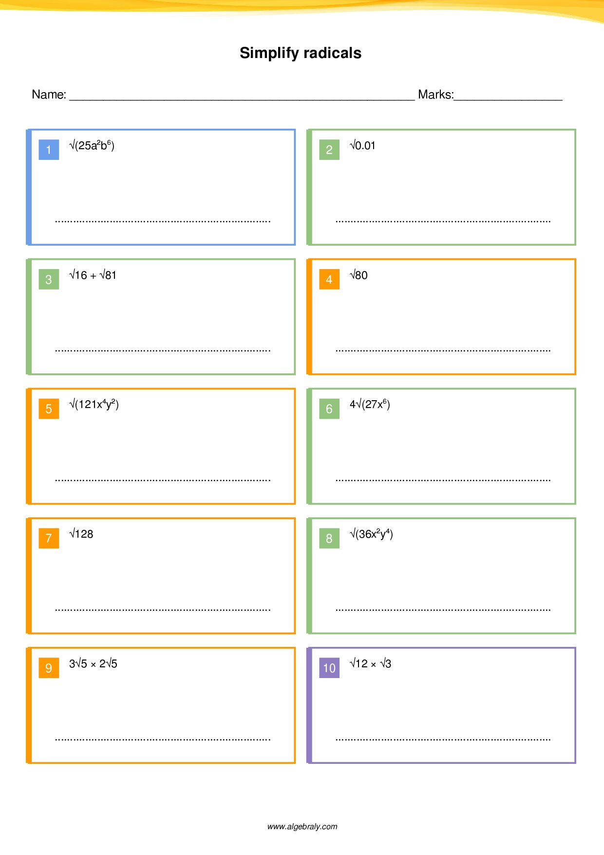 Simplify radicals Worksheet 4