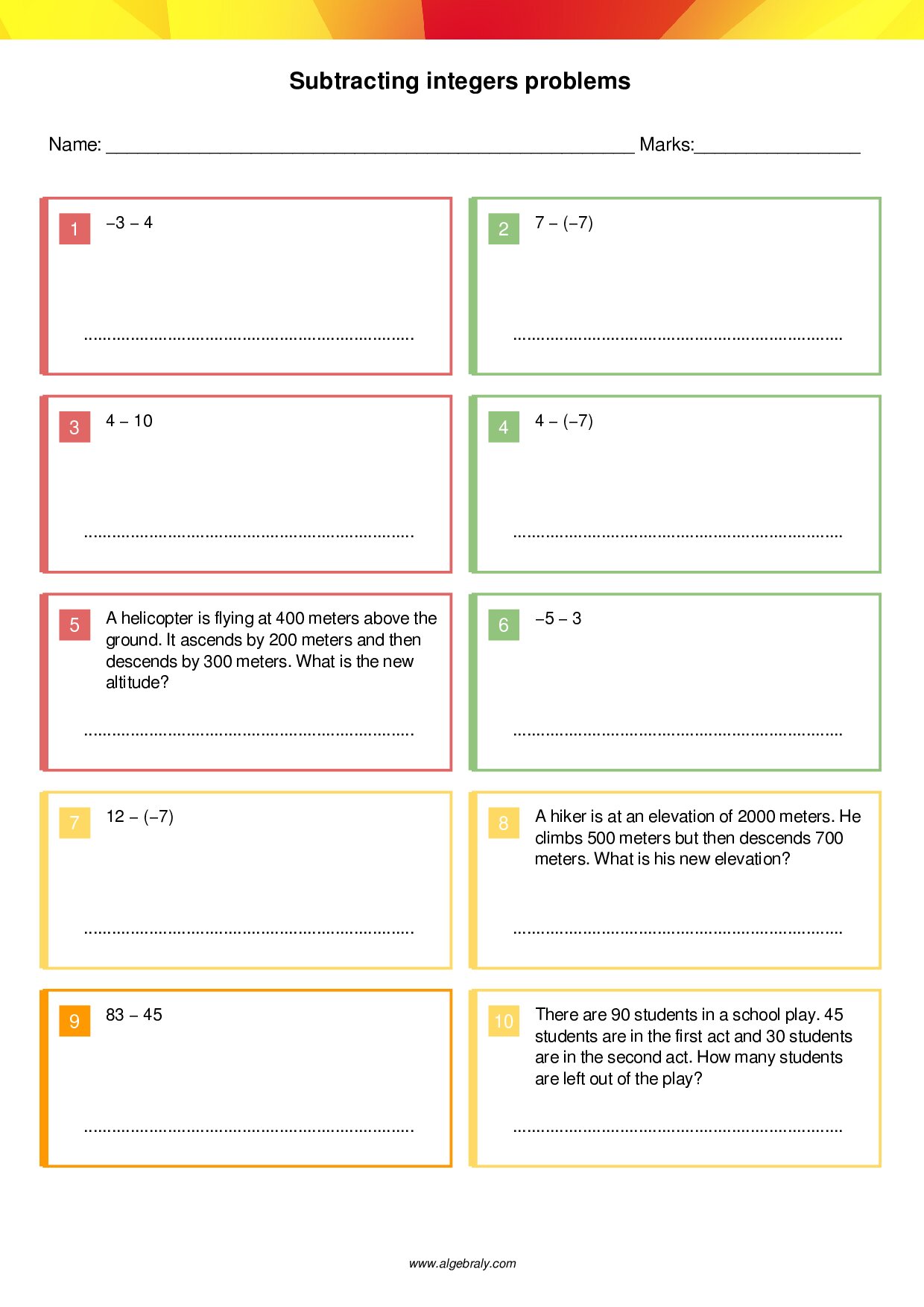 Subtracting integers problems Worksheet 1