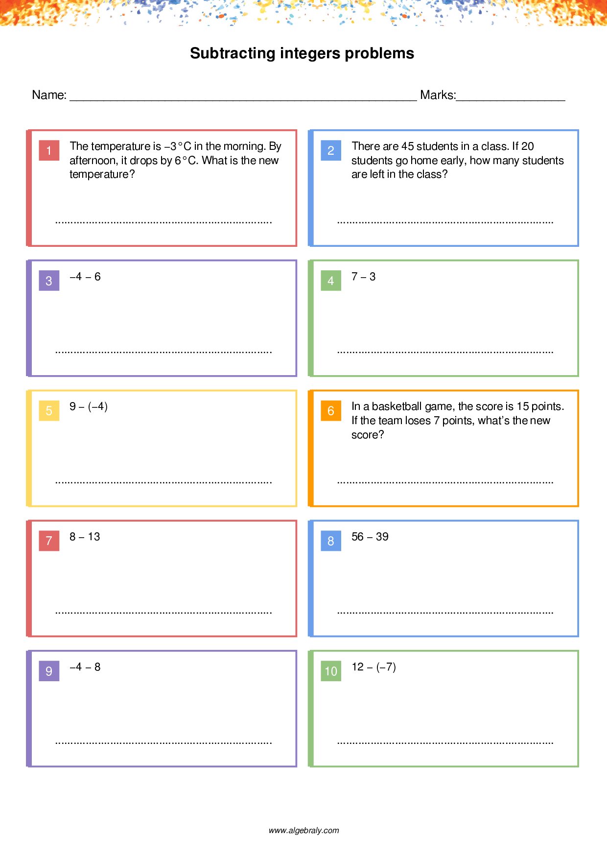 Subtracting integers problems Worksheet 2