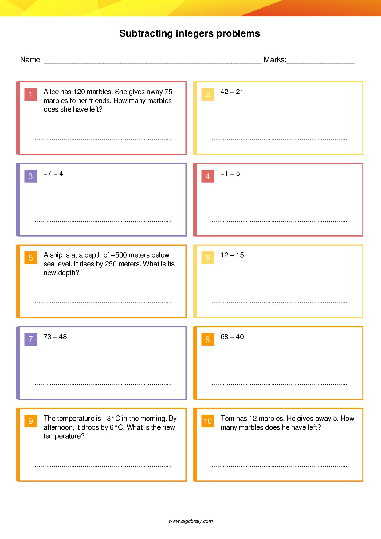 Subtracting integers problems Worksheet 3