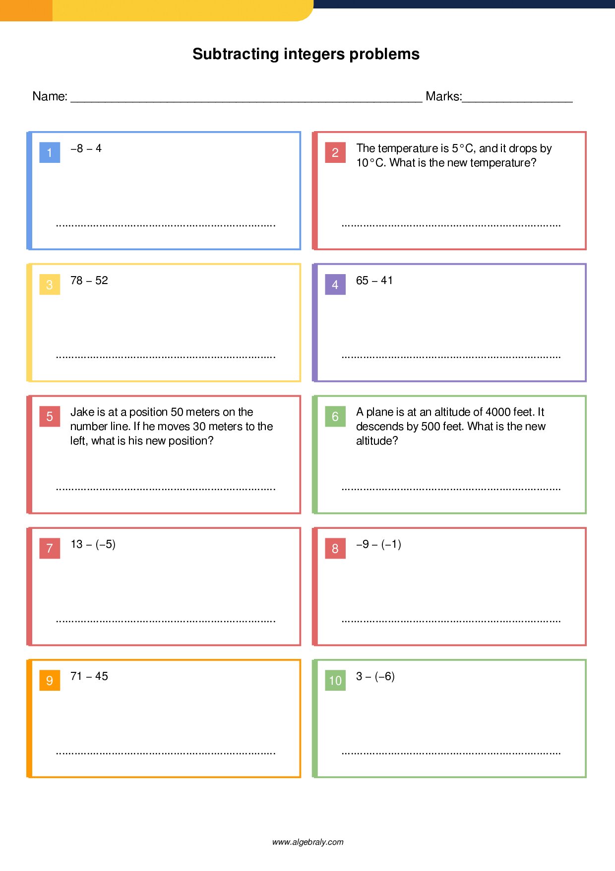 Subtracting integers problems Worksheet 4