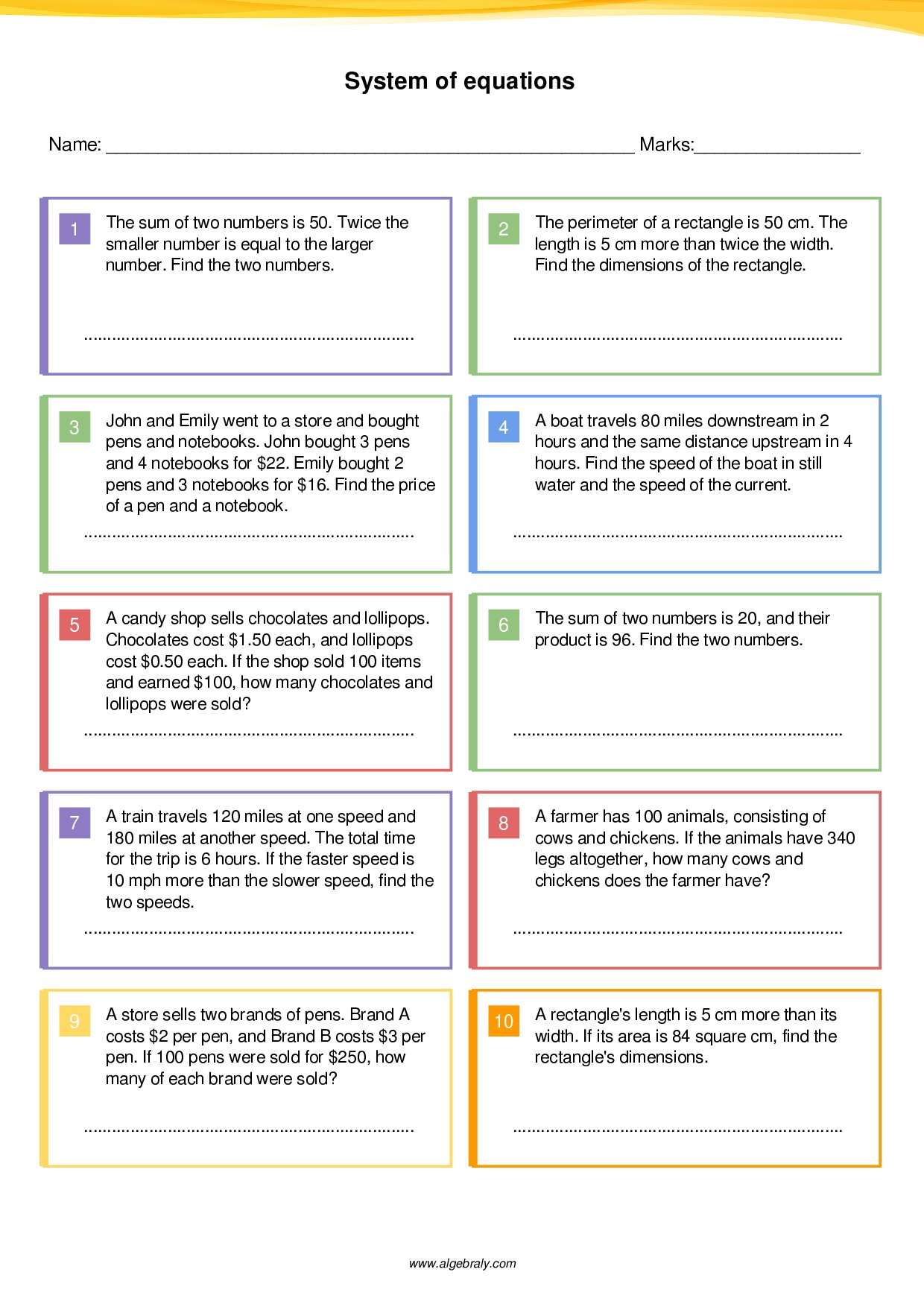 System of equations Worksheet 1