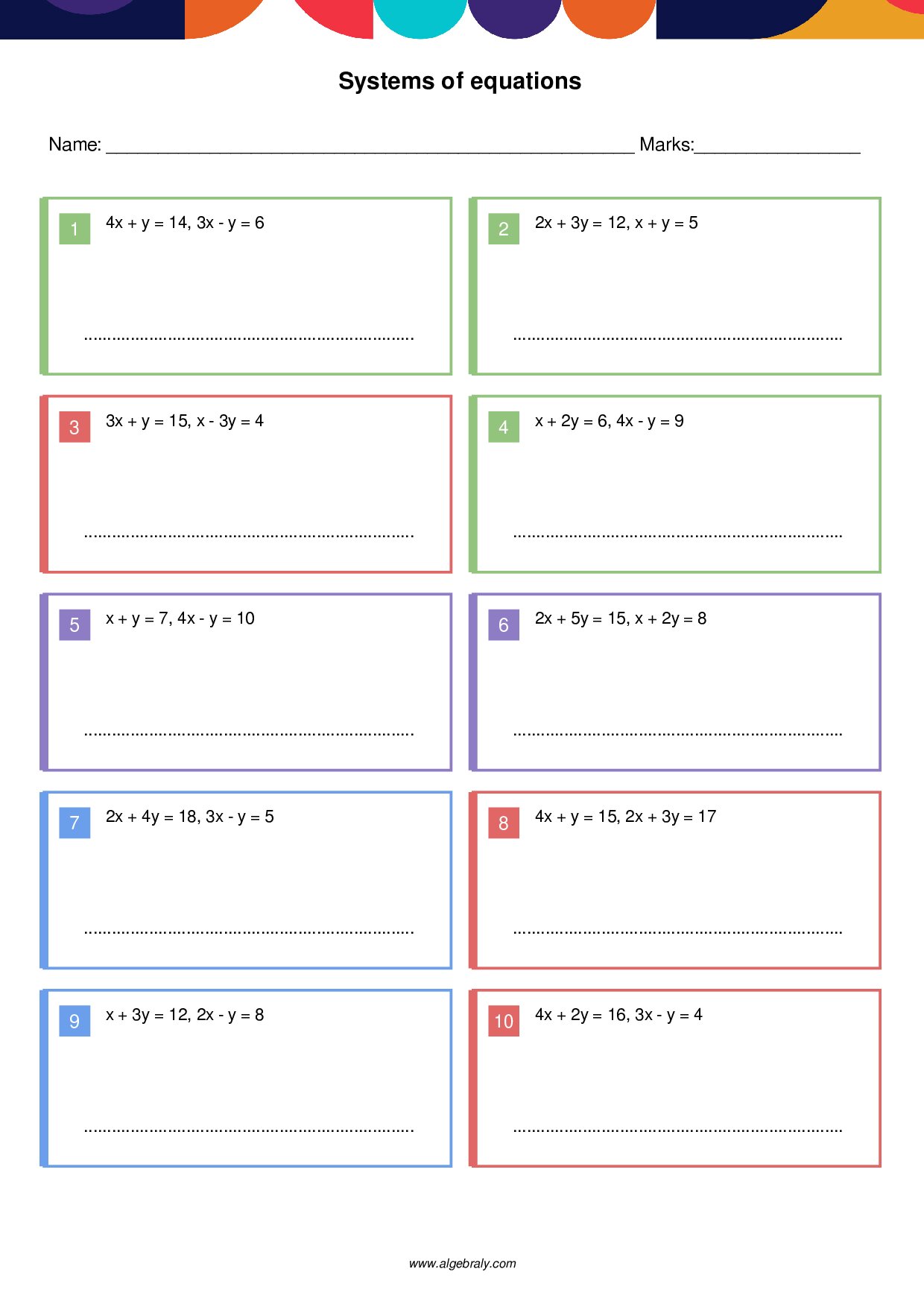 Systems of equations Worksheet 2